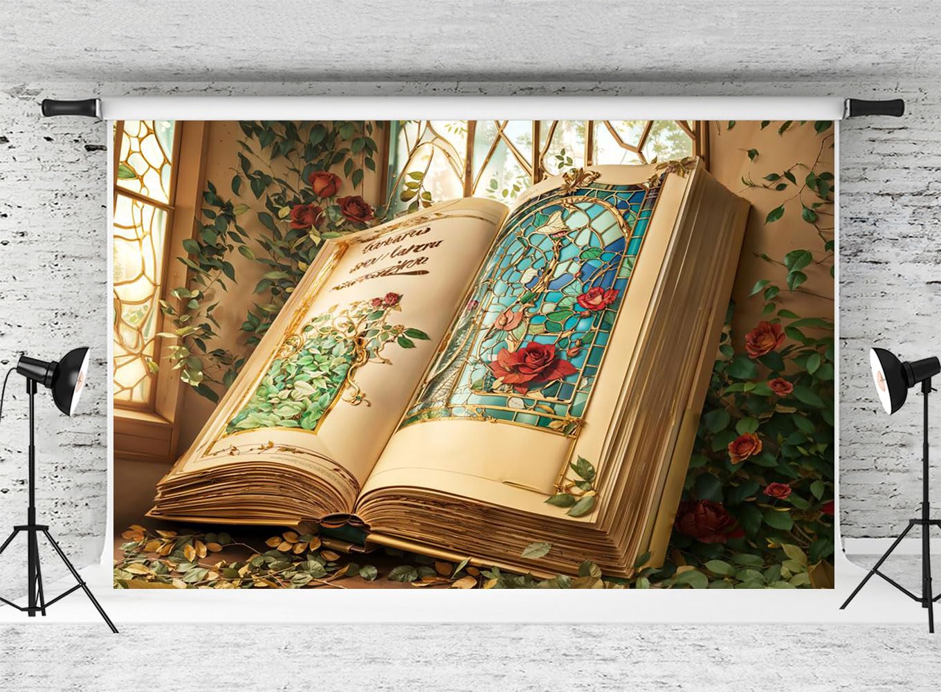Kate-Hintergrund 3 x 2 m magischer Buch-Hintergrund für Fotos Rosenblumen-Fensterbank Fotografie-Hintergrund Babyparty Geburtstag Dekorationszubehör