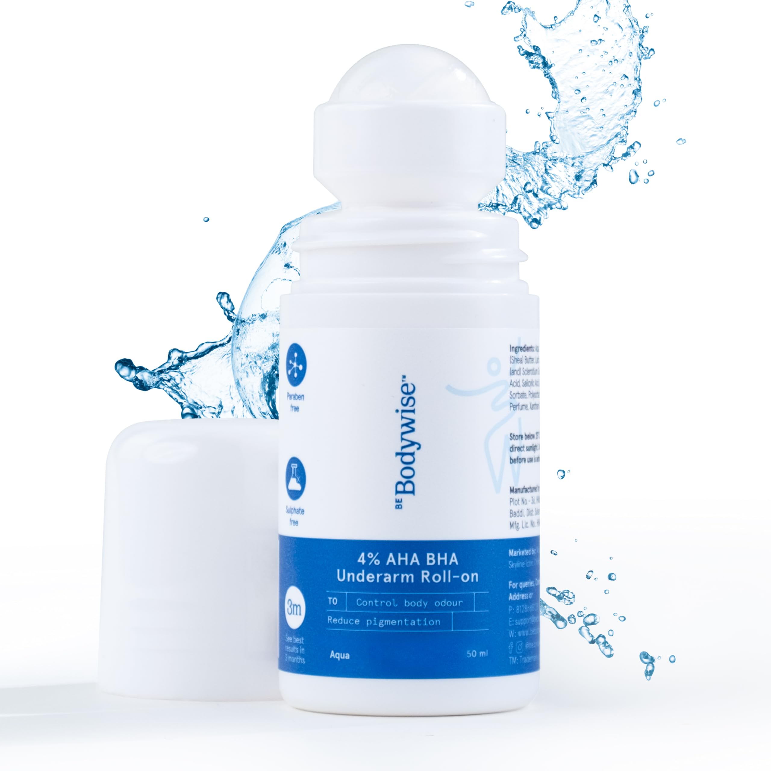 Underarm Roll On |4% AHA BHA 1% Salicylic Acid, 2% Lactic Acid | Prevents Odour, Pigmentation | Brightens Skin, Kills Bacteria I Long Lasting I All Skin Types | 0% Alcohol I Aqua I 50ml