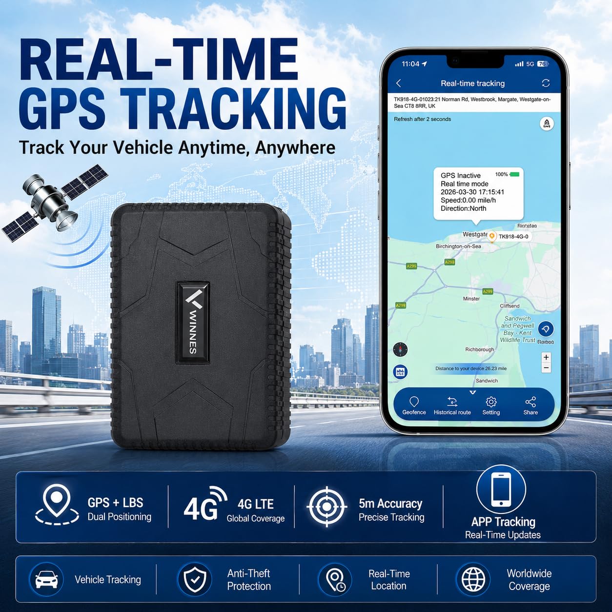Winnes Localizador GPS para Coche,4G 915 Localizador GPS, 7800mAh Resistente al Agua IP58 con Plataforma App/PC Gratuita, localizador de Seguimiento en Tiempo Real Anti-perdida de Motocicleta.