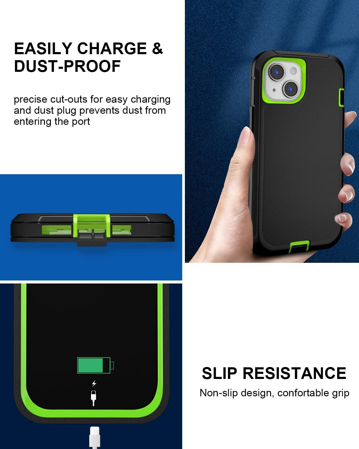 for iPhone 15 Case 6.1" Belt Clip Kickstand with 2 Screen Protector & 2 Camera Lens Protector, Full Body Protection Heavy Duty Case Cover (Black Green+Clip) - Image 6