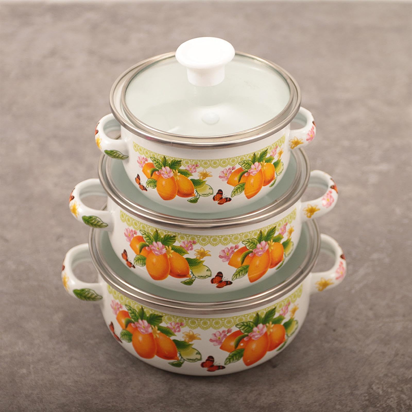Milageto 3 pezzi di pentola smaltata con coperchio, pentola smaltata, pentole a doppio manico, design vintage, pentole per zuppa, per cucina, sala da pranzo, Limone