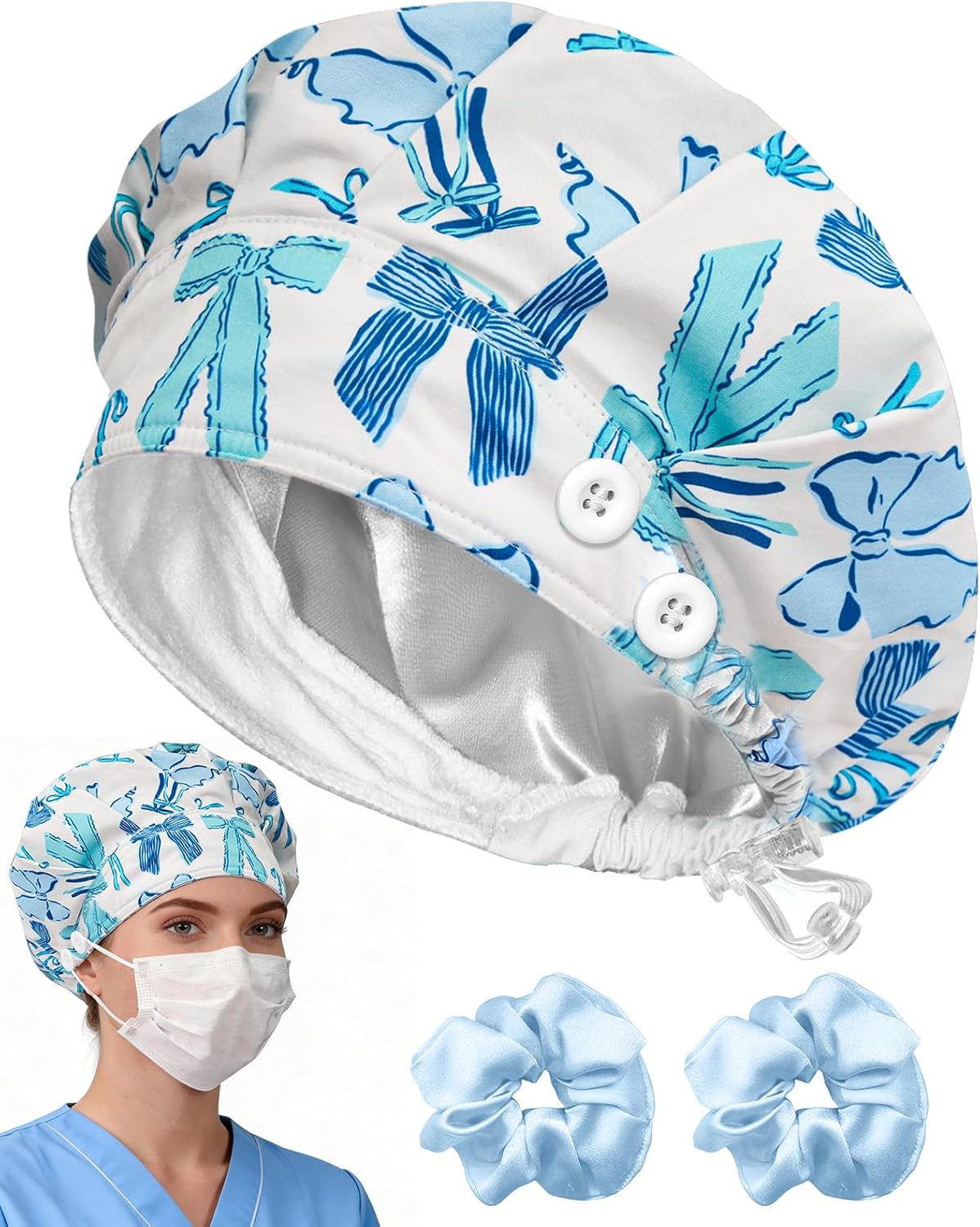 Plifal Satin Lined Bouffant Scrub Cap with Buttons-Adjustable 100% Cotton Nurse Hat with Sweatband and 2 Scrunchies