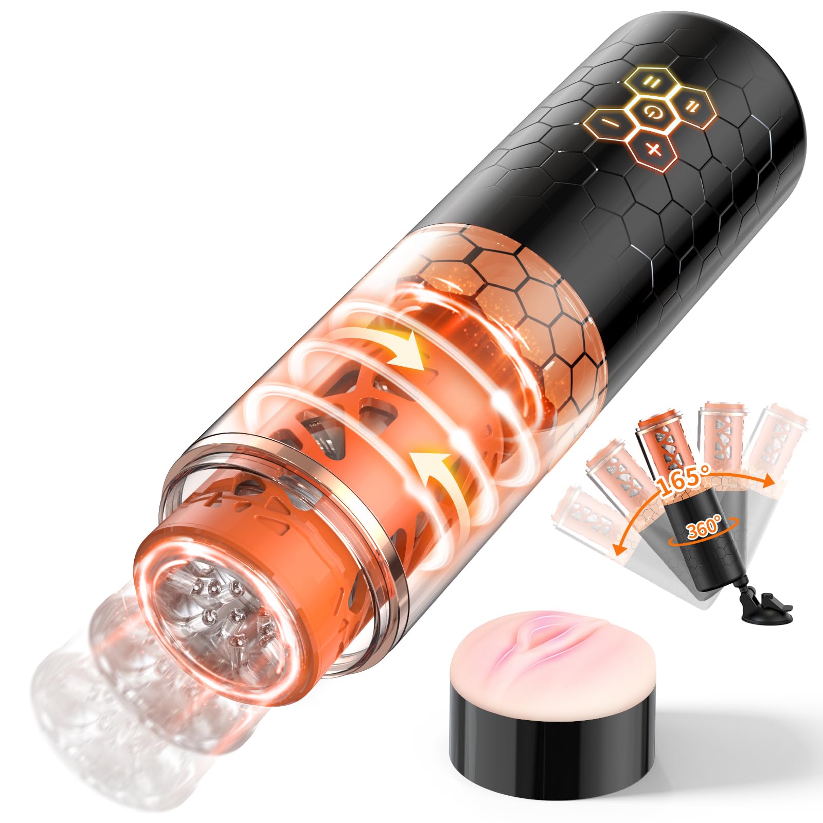 Hands-Free Male Masturbator Infinitely Variable Speed Automatic Powerful Thrusting Rotating Stimulation Pocket Pussy Blowjob Masturbation Realistic Standing&Enjoying Sex Toys (Tulip Orange)