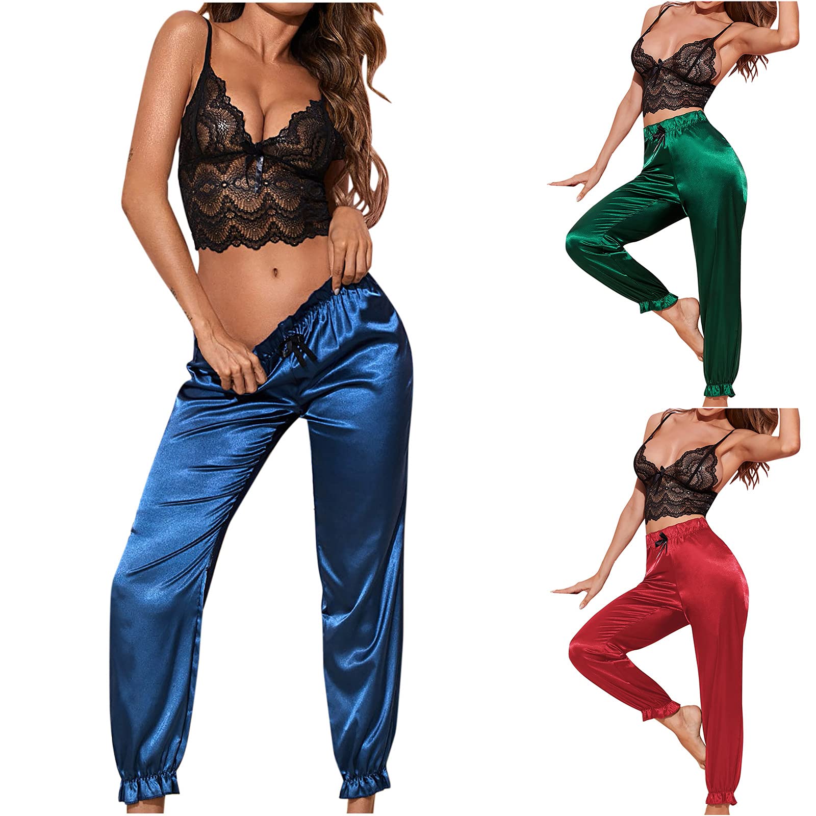 sous-vêtements Sexy Femme Coquine érotique Tenues Femme Sexy Satin Pyjama Fronde Soutien-Gorge Pantalon Long Costume Deux pièces salope sous-vêtements Ensembles de vêtements de Nuit pour fem