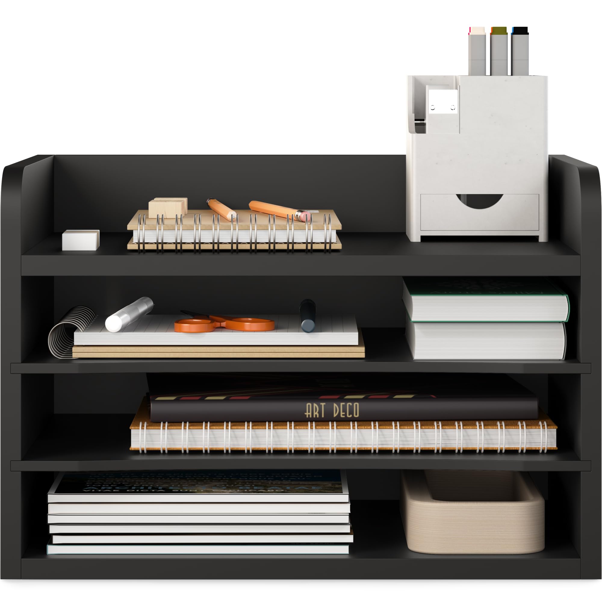 Ballucci Akten-Organizer, 4-stöckig, Büro-Schreibtisch-Organizer, offene Oberseite, Holzpapier-Organizer für Klassenzimmer, Postsortierer, Papierablage mit verstellbaren Ablagen, Schwarz