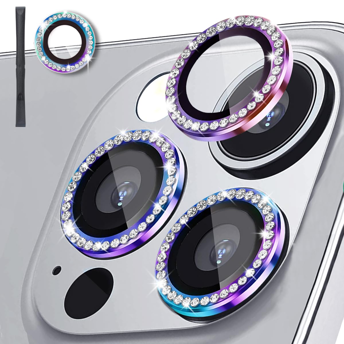 Jolumros [3+1] Compatible for iPhone 15 Pro ＆ iPhone 15 Pro Max Camera Lens Protector 9H Tempered Glass Camera Cover Metal Individual Ring Full Coverage Protector with Removal Tool (Diamond colorful)