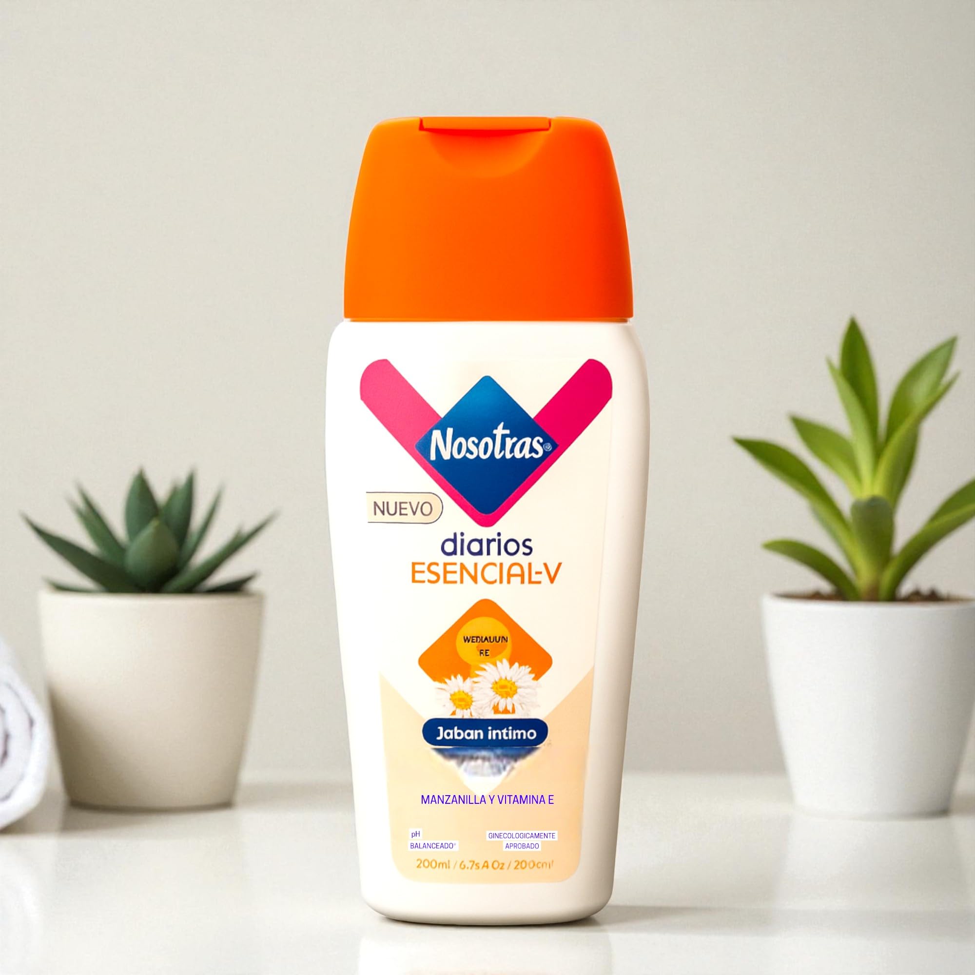 Nosotras Diarios - Esencial V Intimate Soap, Femenine Cleanser Balanced pH| Jabon Intimo Mujer Uso Diario Previene Flujo y Malos Olores 6.76 Oz-200 ml (Chamomile & Vitamin E, Manzanilla & VItamina E)