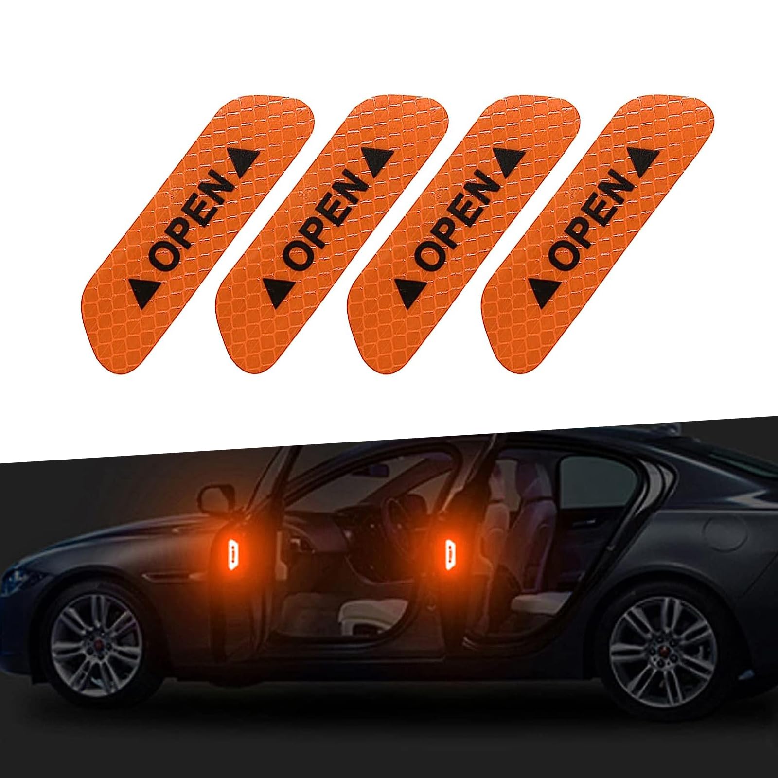 4 PCS Car Open Warning Sticker, 3.74" x 0.98" PET Reflective Door Opening Anti-Collision Strip, Anti-Scratch Decorative Film, Compatible with Most Cars, Motorcycles (Fluorescence Yellow)