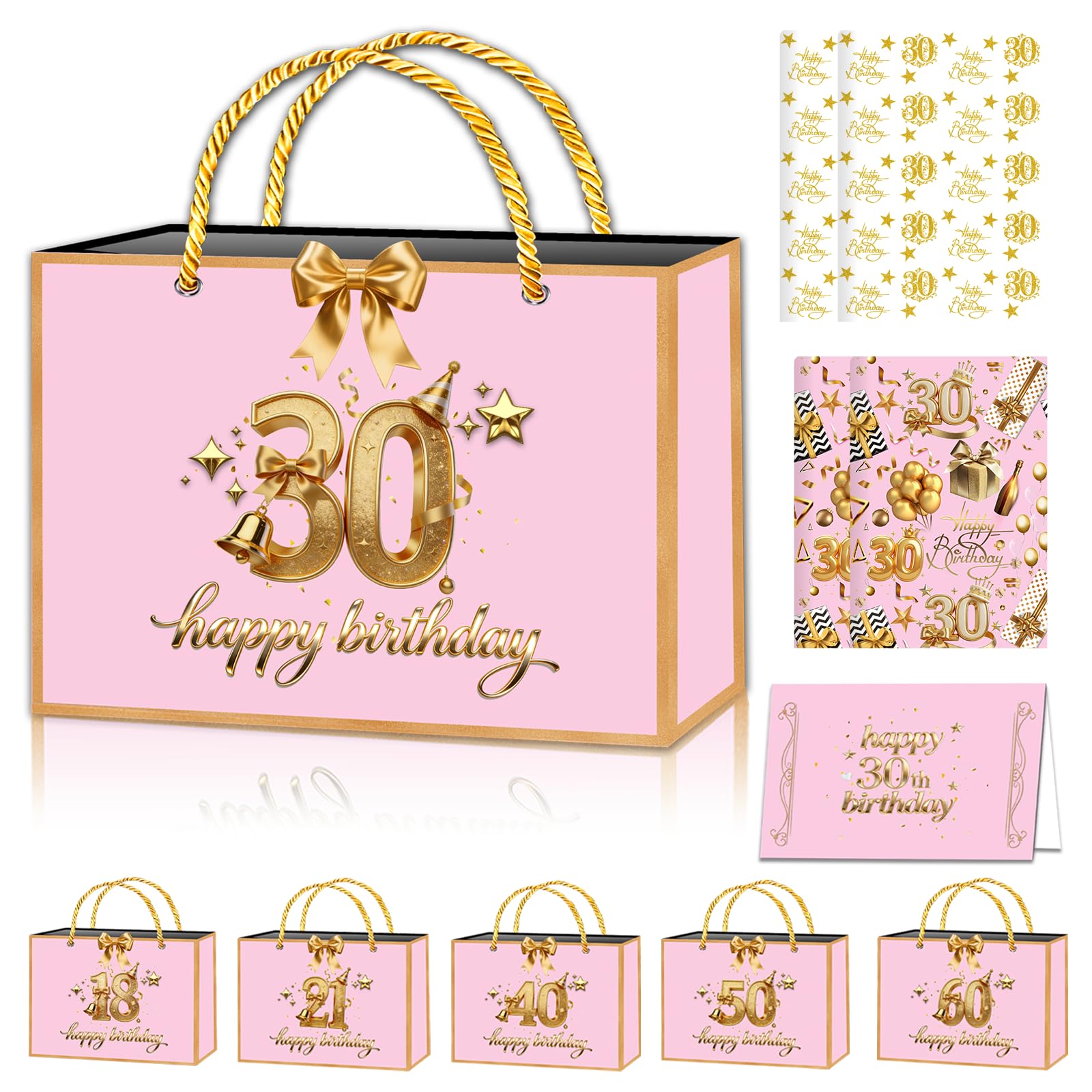 POPOYU Rose Gold 30th Birthday Gift Bag with 30thBirthday Wrapping Paper and Birthday Card,Ribbon,30th Birthday Wrapping Paper for Women,Tissue Paper Sheets for BirthdayGifts Wrapping,DIY Art Crafts