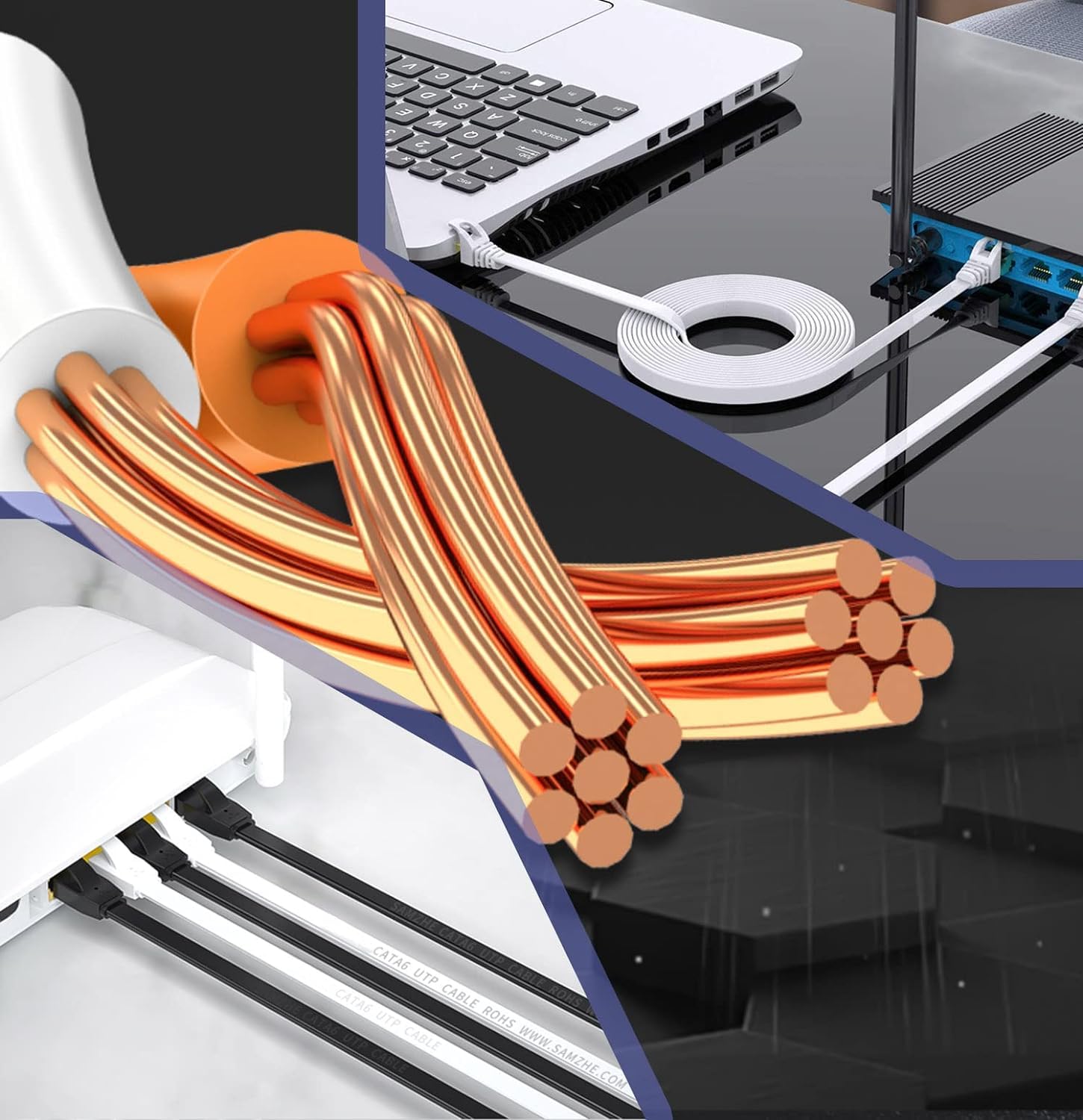 Elfcam® Kabel Ethernet Cat 7 o długości 15 metrów, płaski kabel RJ45 LAN, szybki internetowy kabel do transmisji danych, 100% miedź, STP, 32 AWG, biały