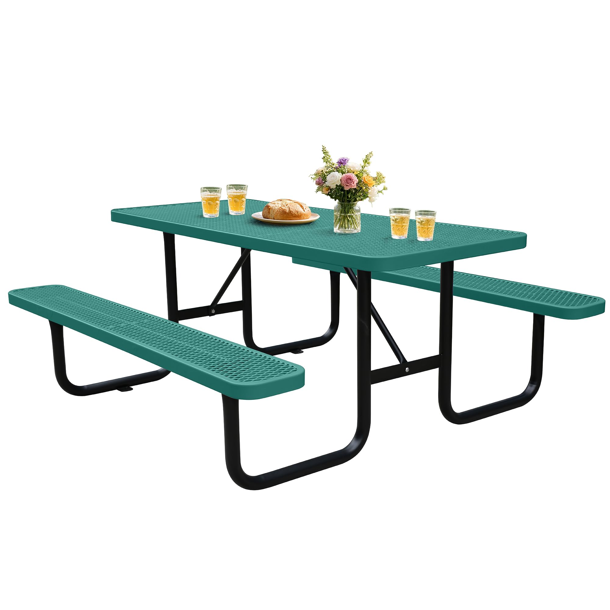 6FT Outdoor Picnic Tables,Heavy-Duty Metal Rectangular Picnic Table,Expanded Metal Commercial-Grade Table with 2 Benches & Umbrella Hole,Waterproof Coating Beach Table for Patio,Garden, Backyard