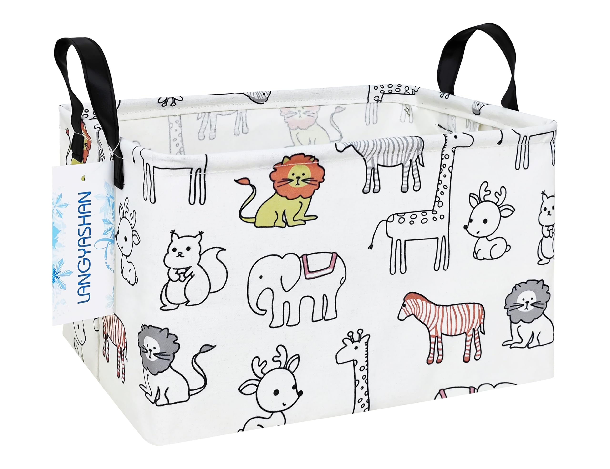LANGYASHAN Rectangular Storage Bin Collapse Canvas Fabric Cartoon Storage Basket with Handles for Organizing Home Kitchen Boys and Girls Toys Office Closet Shelf Baskets (Rec Simplified Zoo)