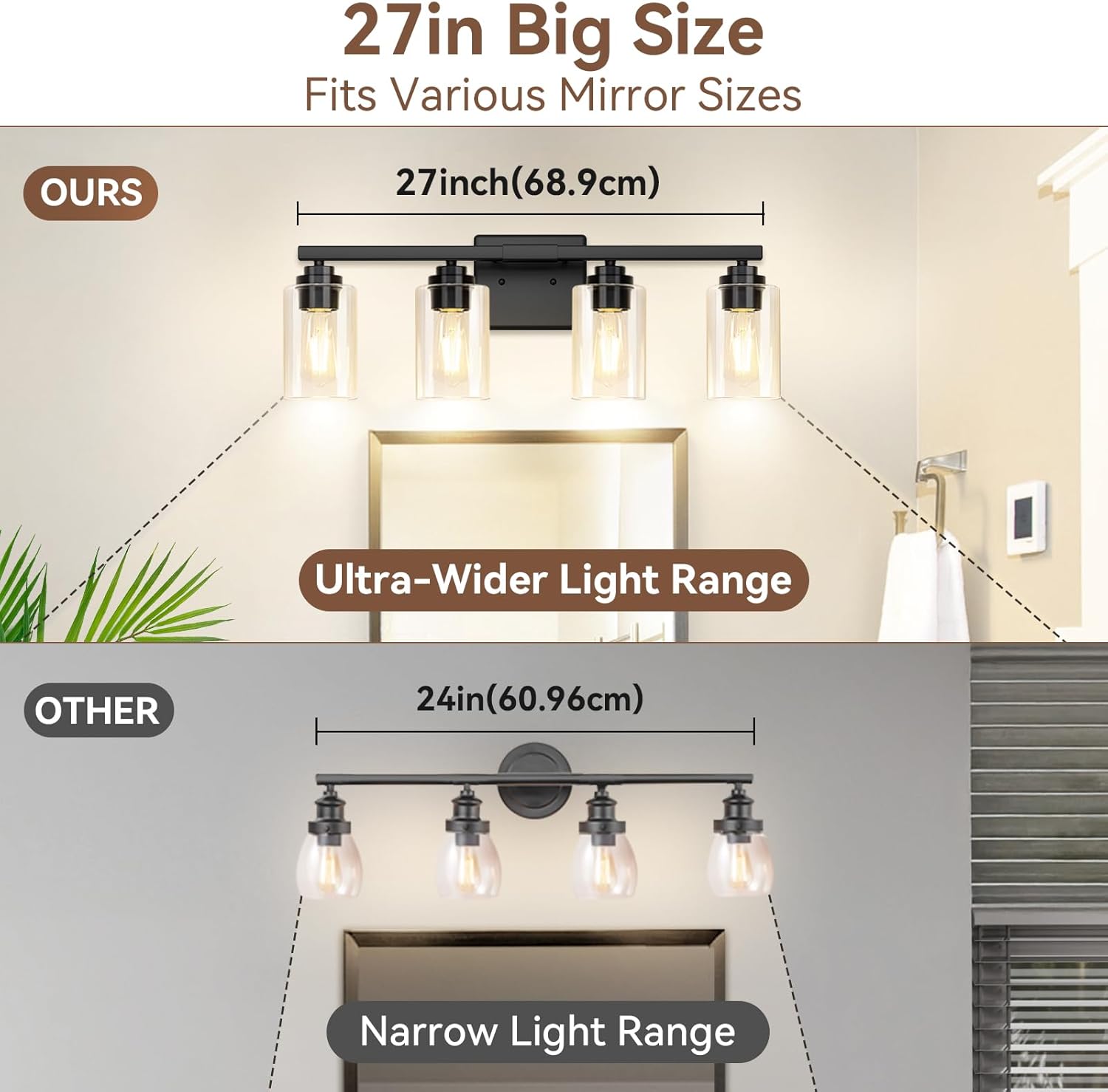 VerRon 4 Lights Bathroom Light Fixtures, Matte Black Modern Vanity Lights Over Mirror with Clear Glass Shades, Bathroom Wall Sconce for Mirror Living Room Cabinet Bedroom Porch