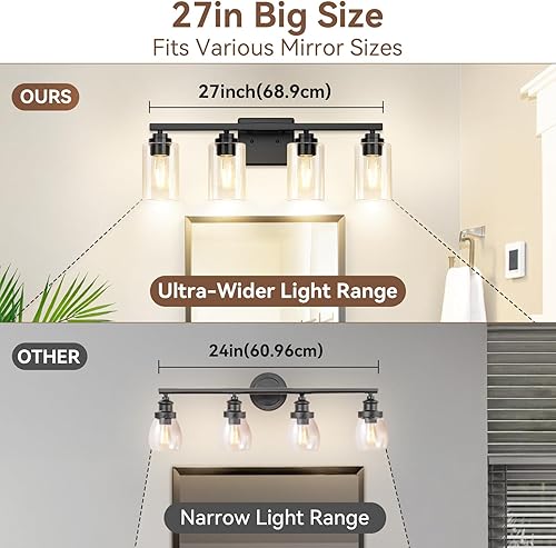 Miniatura 6 de Lámparas de baño de 4 luces, luces modernas de tocador de 27 pulgadas sobre espejo con pantallas de vidrio transparente, accesorio de luz negro