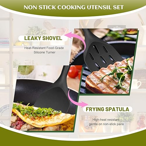 Miniatura 3 de Paquete de 2 espátulas de silicona, juego de utensilios de cocina antiadherentes, mango de madera, girador de cocina para hornear, mezclar, asar a