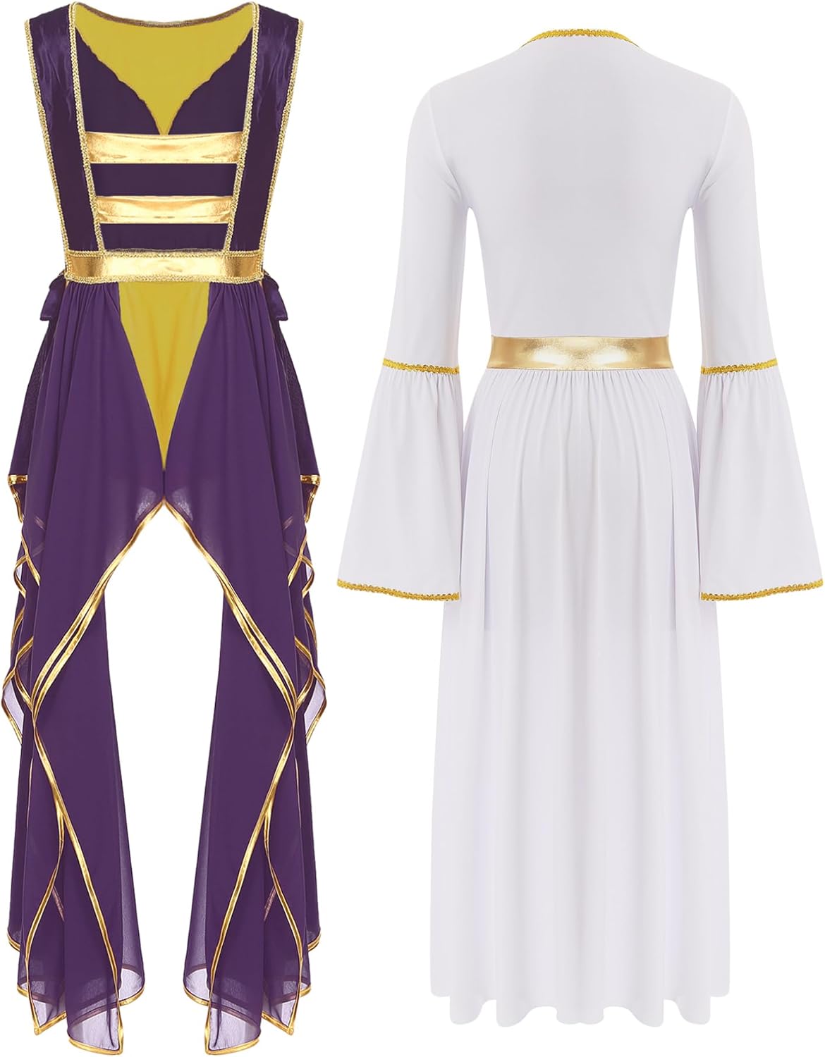 JEATHA Women's 2 Pcs Spiritual Praise Long Sleeve Gold Trim Dress with Metallic Sides Split Lace-Up Irregular Tunic
