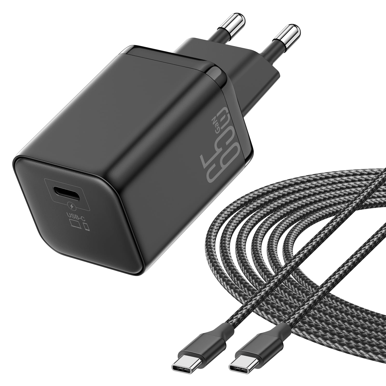 65W Ladegerät für MacBook Air, Schnellladen USB C GaN II PD3.0 Kompaktes Portables Ladegerät Kompatibel für iPhone 17/17Pro/16/15, für Laptop, für Samsung mit 2 Meter Langem Kabel