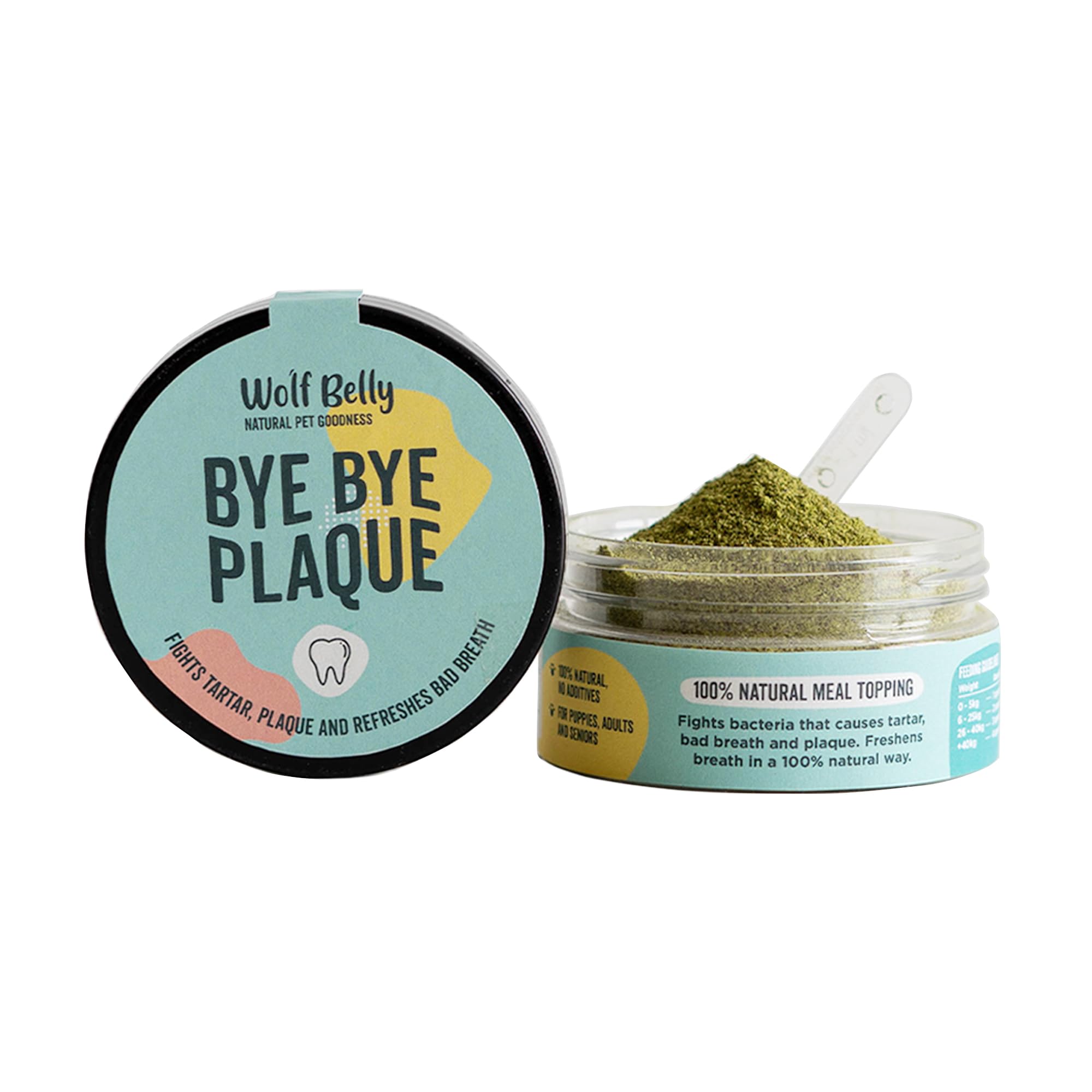 Wolf Belly - Suplemento Mal Aliento Perros 100% Natural (60 gr) Alternativa al Cepillo Dientes Perro, Limpia Dientes en Polvo, Reduce Sarro Gato, Probiótico Cuidado Bucal Perros - Bye Bye Plaque