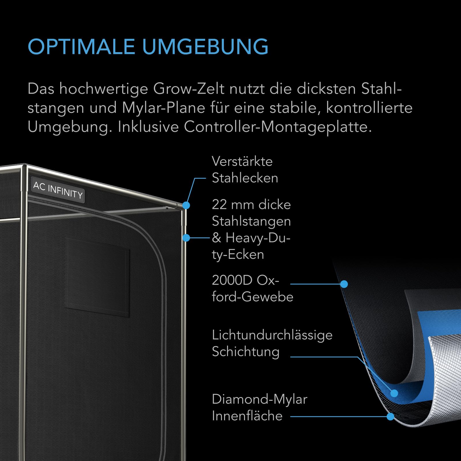 AC Infinity Advance Grow Zelt-System 90 x 90 x 180 cm – 3-Pflanzen-Growset mit WLAN-Steuerung, automatisierter Belüftung und Vollspektrum Samsung LM301H LED Grow Light, 2000D Mylar-Zelt
