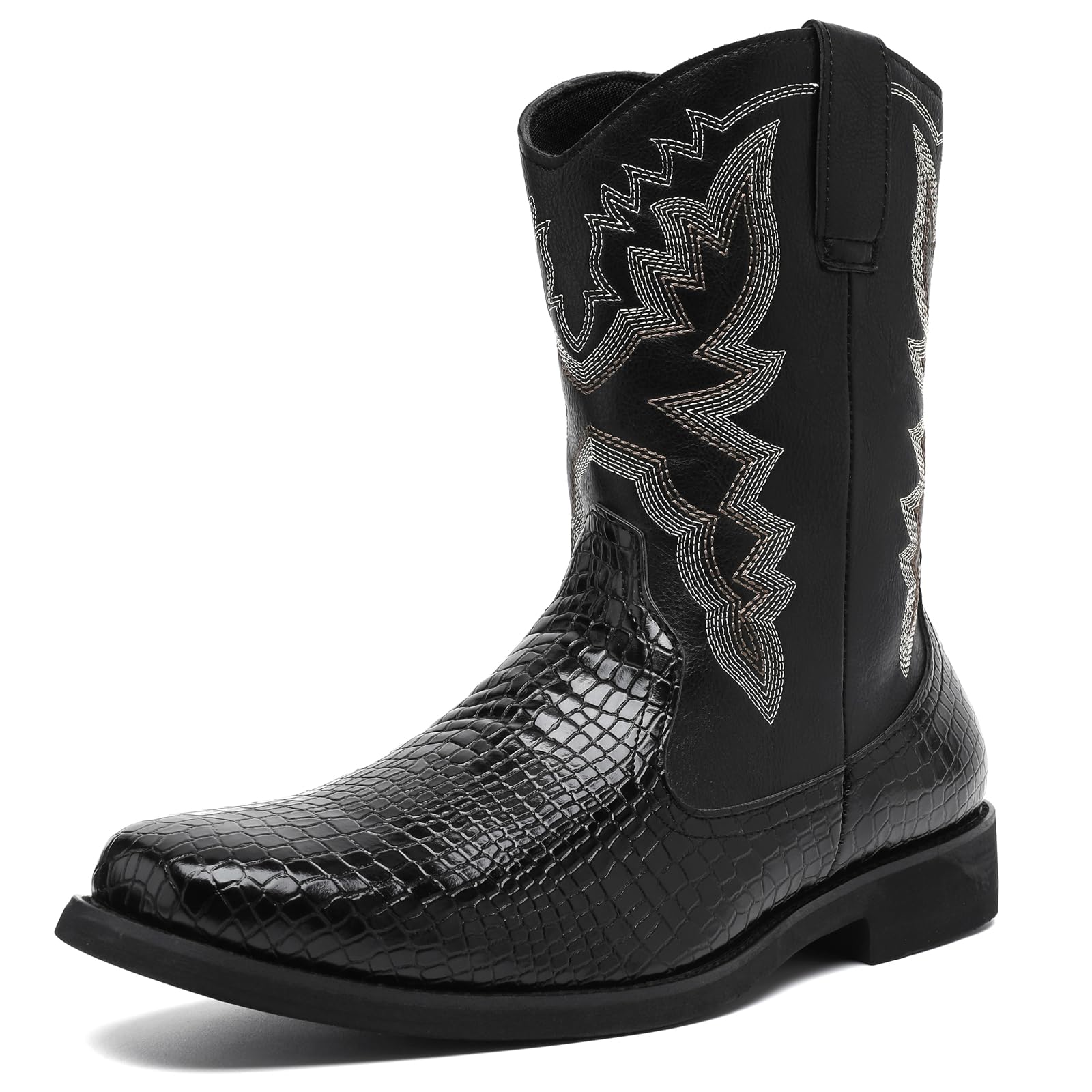 CHUUMEE Cowboy Boots for Men Western Boot Fashion Crocodile Pattern Square Toe Side Zipper Leather Mid-Calf Boots