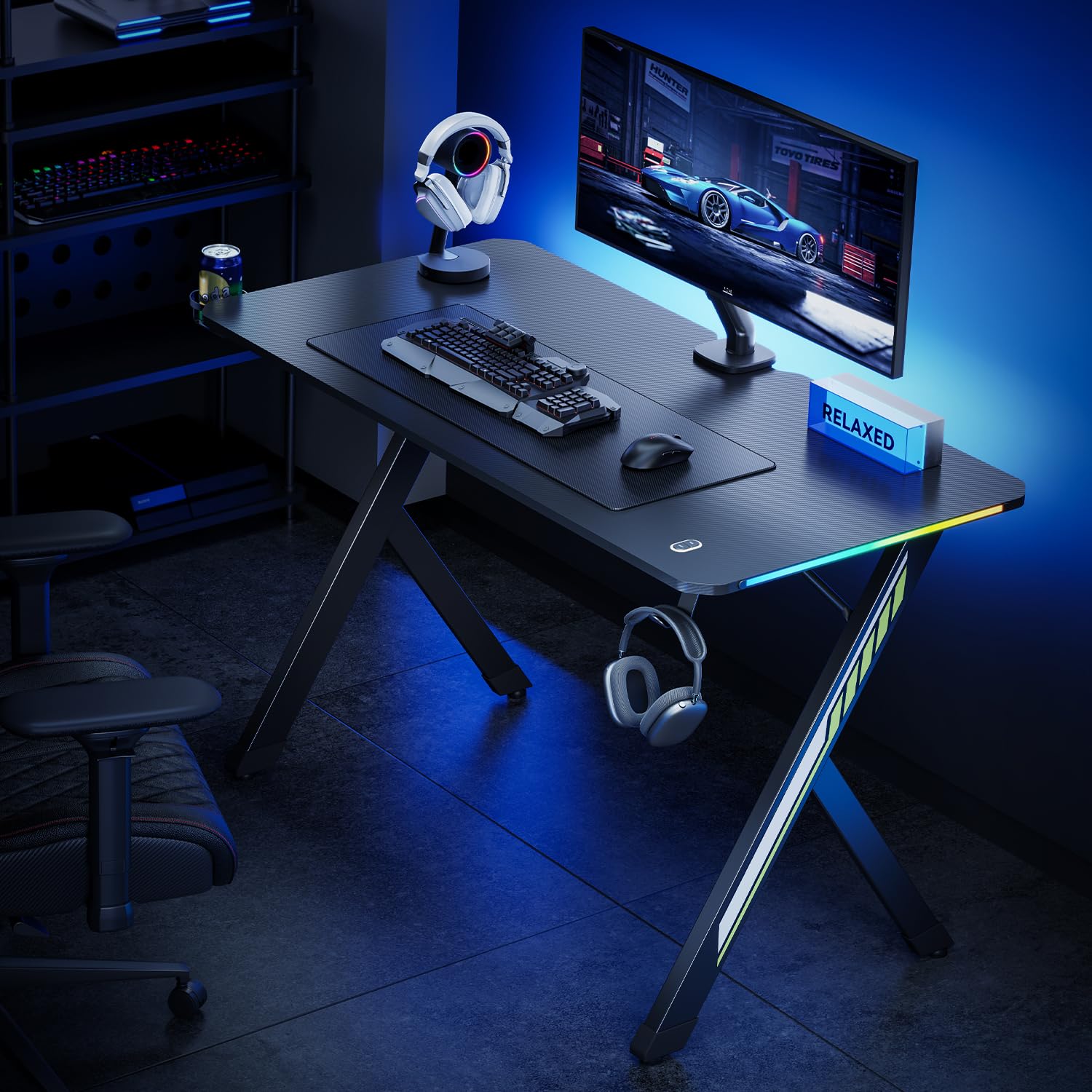 Escritorio Gamer NanoRS RS102 120x60 cm Negro con iluminación LED RGB 18 Modos USB y Adaptador ARGB Soporte para Casco portavasos pies Antideslizantes diseño Moderno Carga 75kg para Juego ergonómico