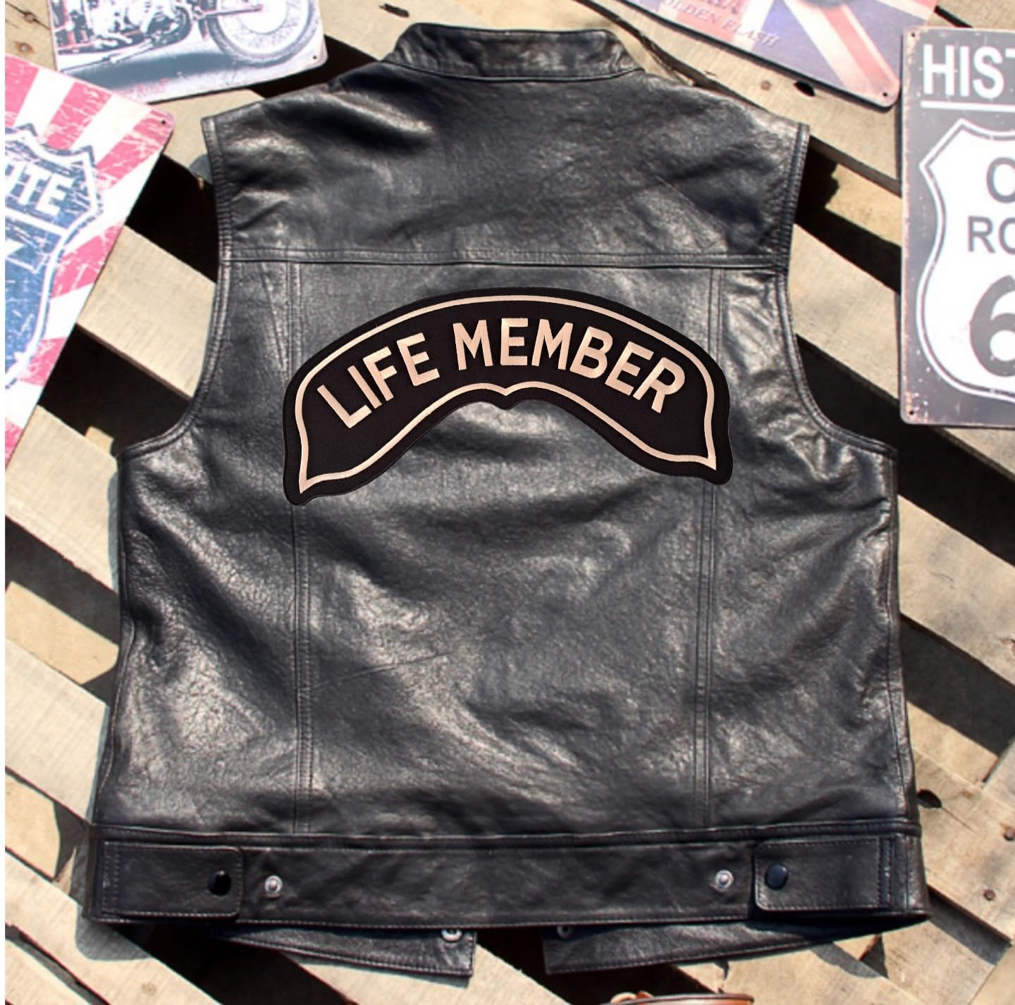 Aufnäher Rocker Grande Life Member + Adler Patch - MOTORCYCLES - für Chapter und Biker, goldfarben, aus Stoff, für Weste, Motorradfahrer.
