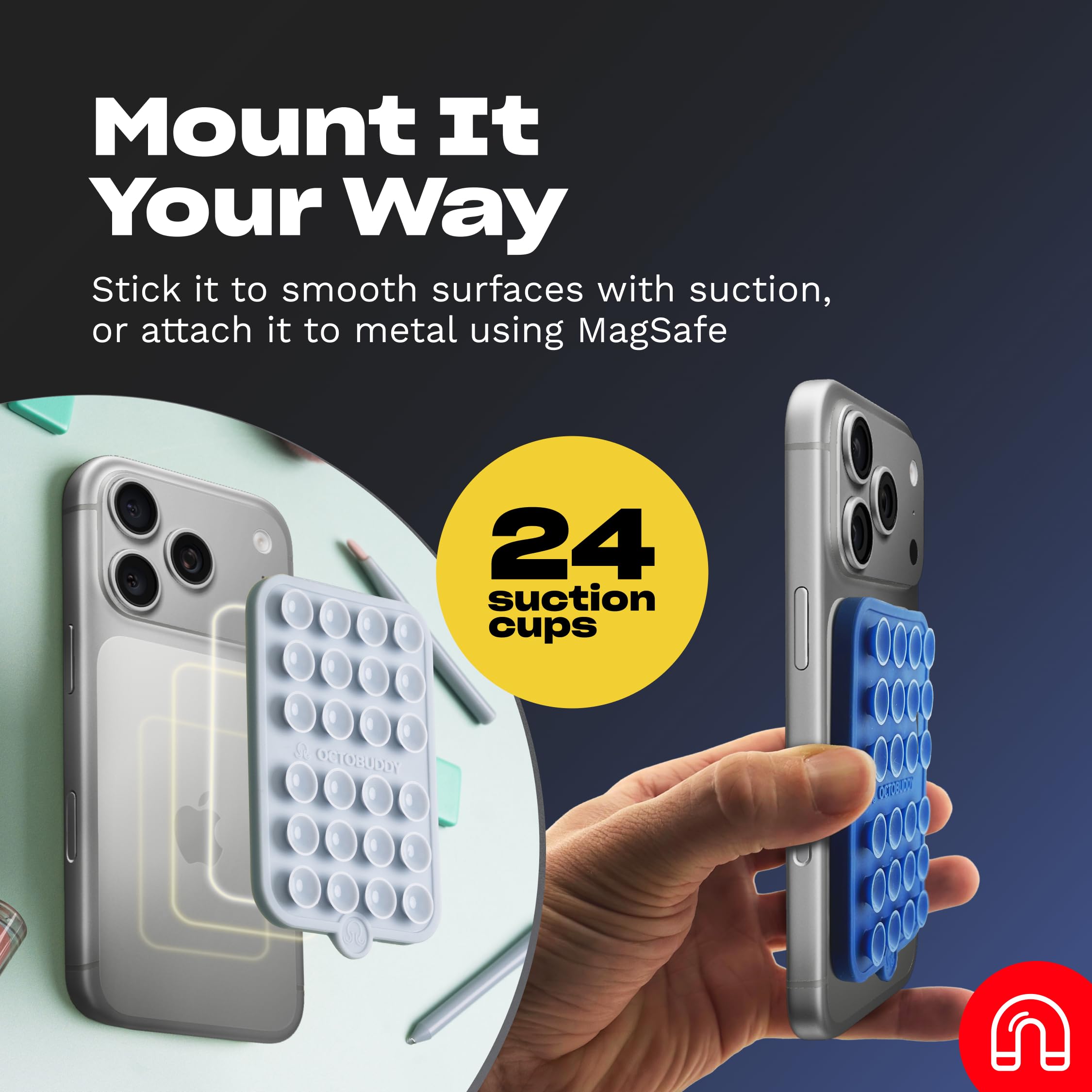 OCTOBUDDY Magnet - Magnetische Saugnapf-Handyhalterung - Magnet-kompatible Smartphone-Silikonhalterung - für freihändige Selfies und Videos - Zubehör für Content Creation - 66 x 99 mm, Transparent