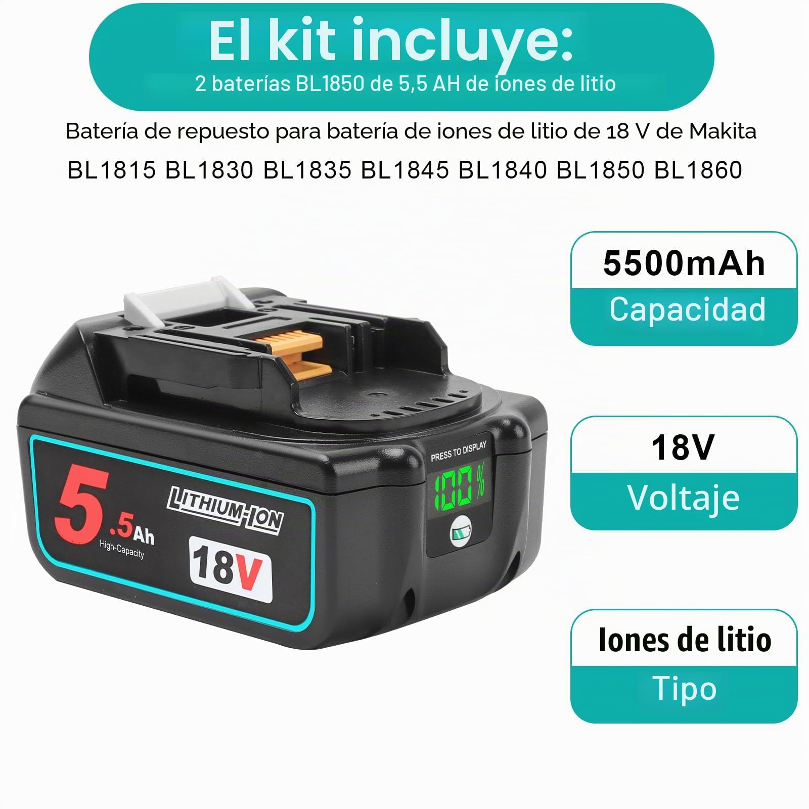 Powarobor 2X 18V 5.5Ah Batería y Cargador Compatible con Makita LXT | Cargador DC18RC compatible con baterías Makita 18V BL1830, BL1830B BL1860B BL1850B y todas las herramientas Makita 18V LXT.