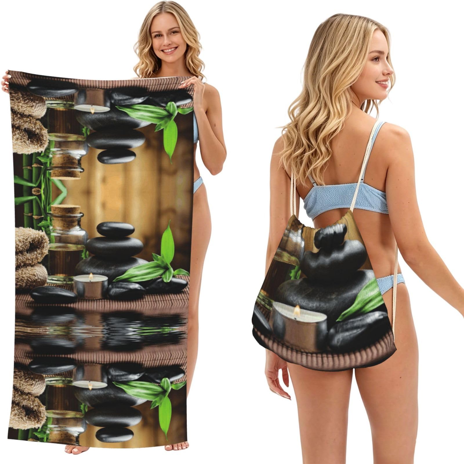 SATUSA Stones And Spa Oil On The Wood Near A Pond Print 2-In-1 Foldable Beach Towel Backpack â€“ Camping, Yoga And Travel,Bath Towel With Built-In Storage, Convertible Beach Mat & Carry Bag