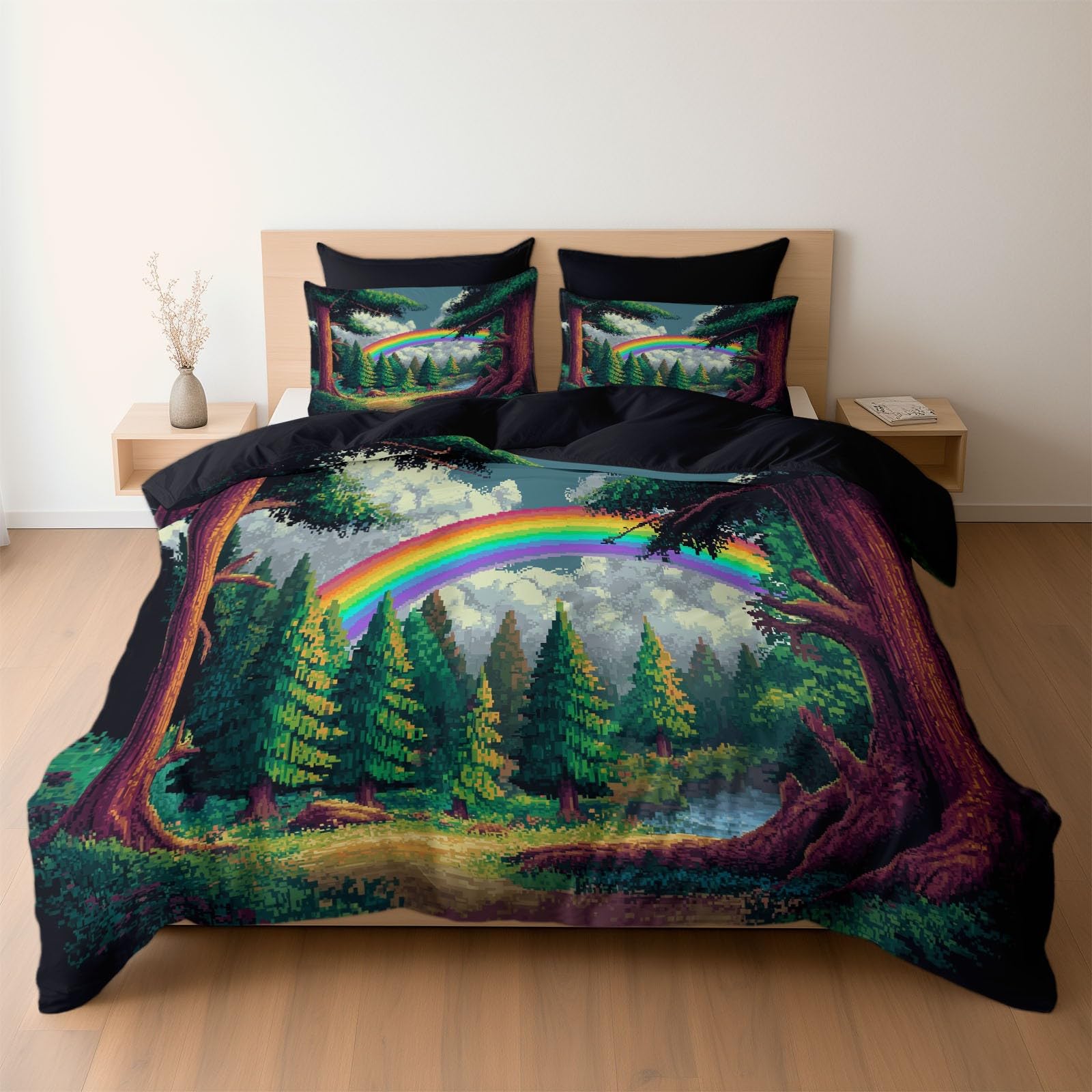 Housse de couette réversible forêt vintage 220x240cm avec taies parure de lit microfibre noire
