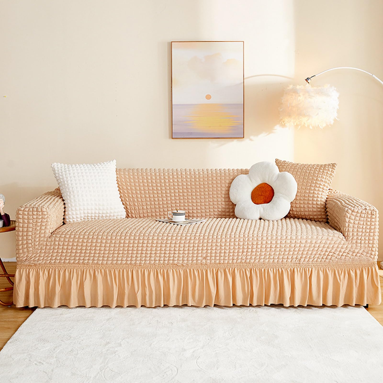 JIXINHEKEJI Stretch Seersucker Sofa Cover Instant Makeover, Non-Slip Soft Washable Couch Slipcover With Elastic Bottom And Skirt, Furniture Protector For (Size:1 seater (90-140cm),Color:Beige)