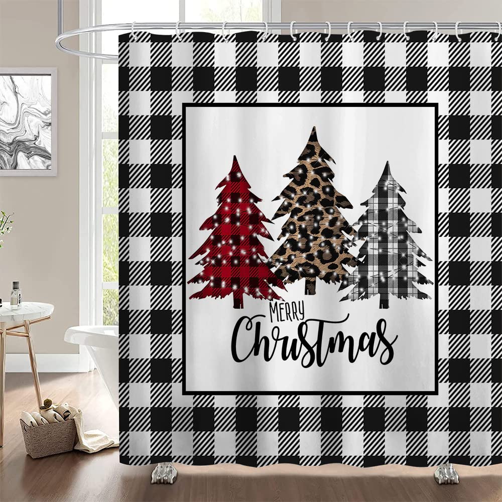 Hiyoo Merry Christmas Tree Shower Curtain with Hooks, Xmas New Year Winter Window Door Curtains, White and Black Buffalo Plaid Shower Curtain Sets for Christmas Home Bathroom Decor 60 x 72 Inches