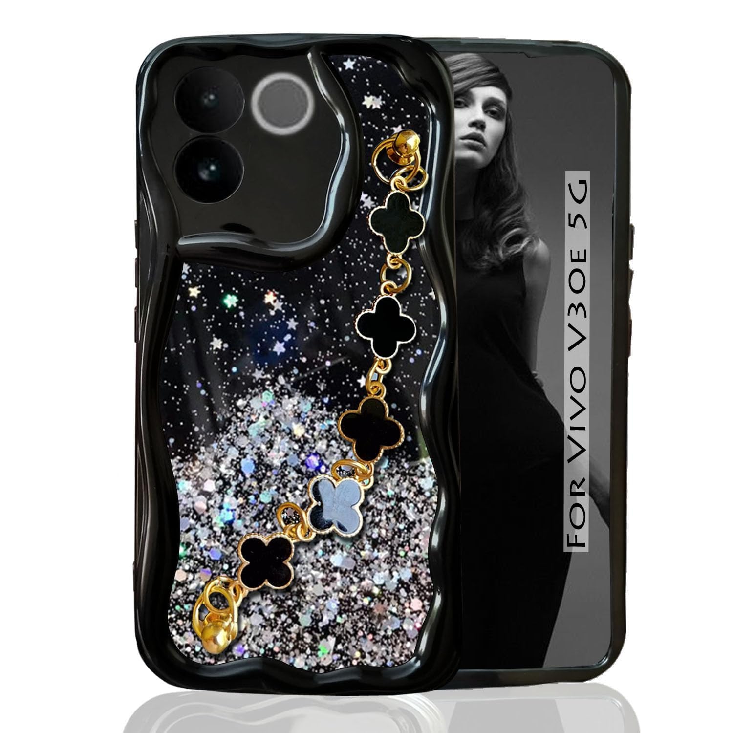 KC Back Cover for Vivo V30e 5G - 3D New Curly Wave Dry Fixed Non Moving Starry Glitter Tiny Flowers Bracelet Chain Shockproof Soft Silicone Camera Protection Case (Black) (B0D9DDMLJL) Amazon Price History, Amazon Price Tracker