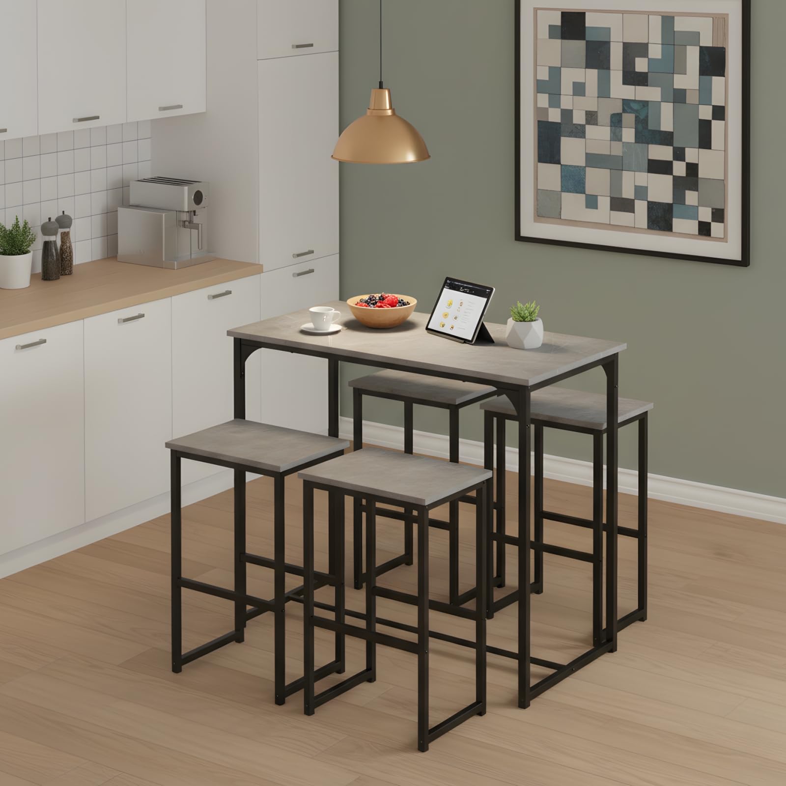 Ensemble Table a Manger avec 4 Chaises, Table Haute Cuisine Mange-Debout avec 4 Tabourets, pour Petit Espace Cuisine Salle à Manger Salon Bar ou Balcon (Gris Vieilli et Noir)