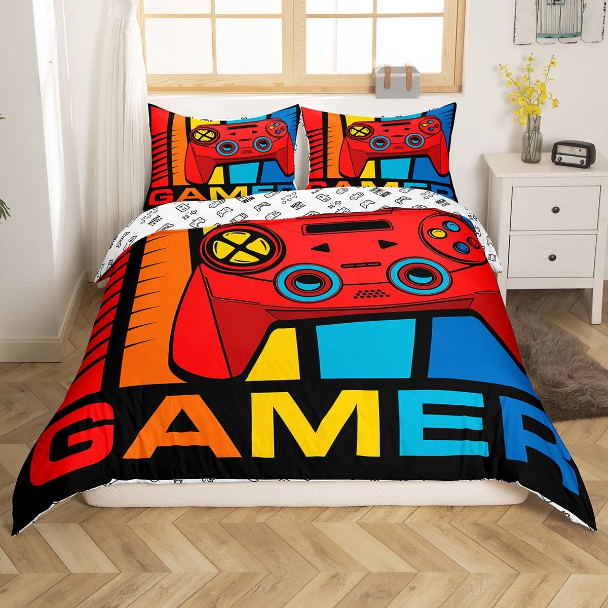 Homemissing Boys Multicoloured 11 Gamer Duvet Cover Modern Video Game Controller Bedding & Linen Games Player Gaming Bedding Set For Kids Game Console Quilt Cover,Duvet Cover With 2 Pcs Single Size