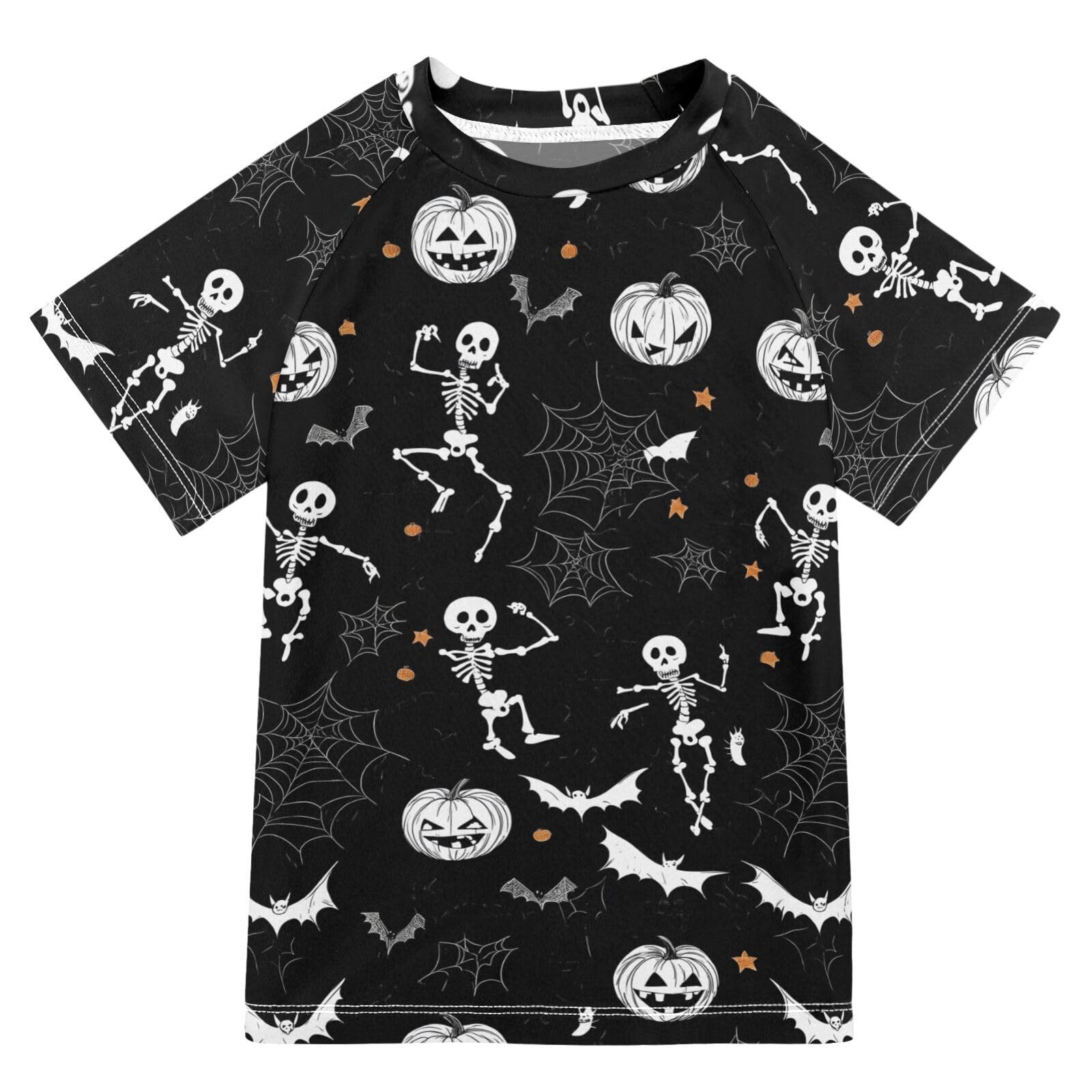 ALAZA Boys Swim Shirts Toddler Rash Guard Short Sleeve Rashguard Halloween Skeleton UPF 50+ 11-12T