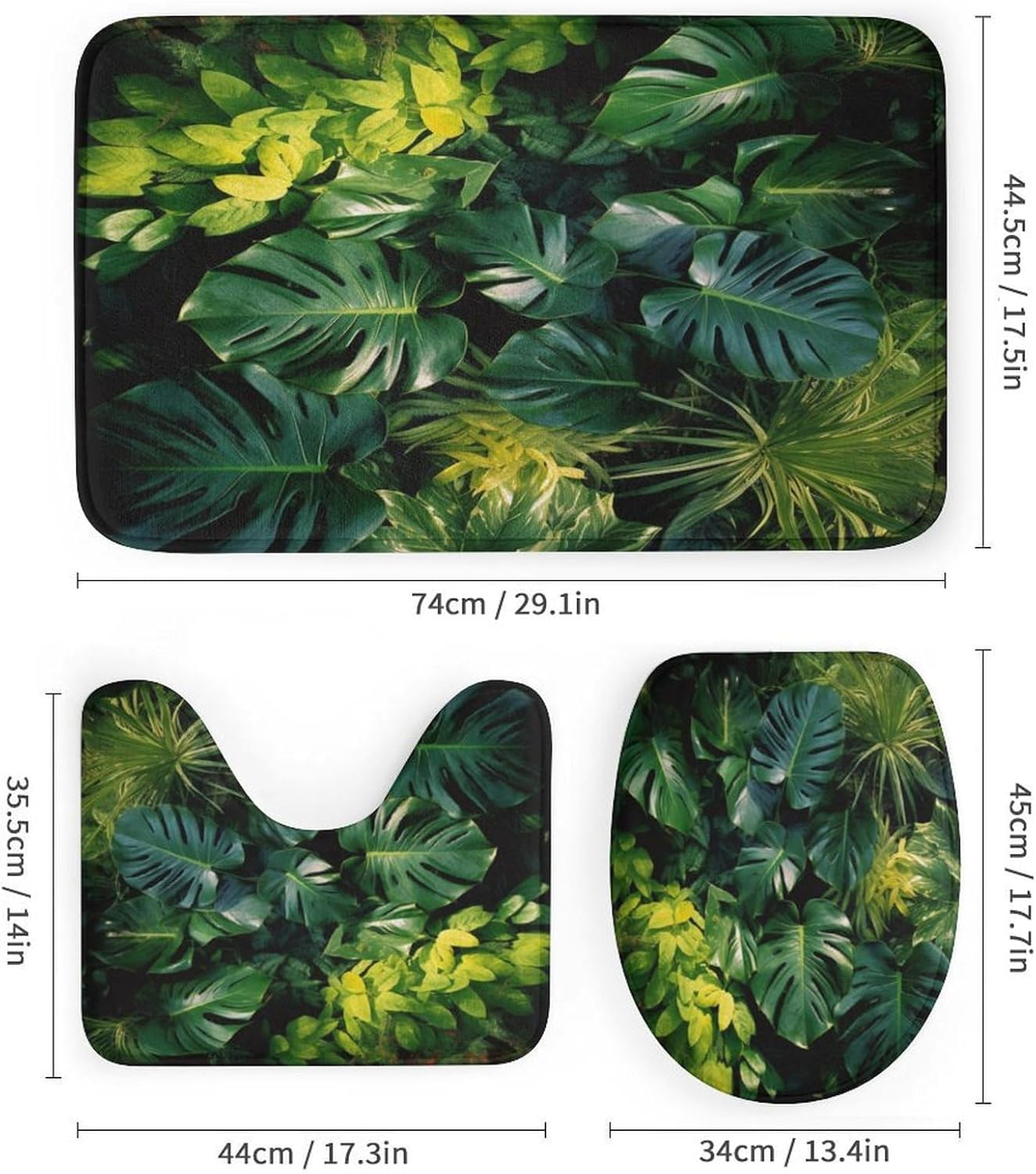 4 Pcs Tropical Green Leaf Shower Curtain Sets, Natural Plants Bathroom Set Shower Curtain Set with Rugs and Accessories, Bathroom Decor with Bath Mats Toilet Lid Cover
