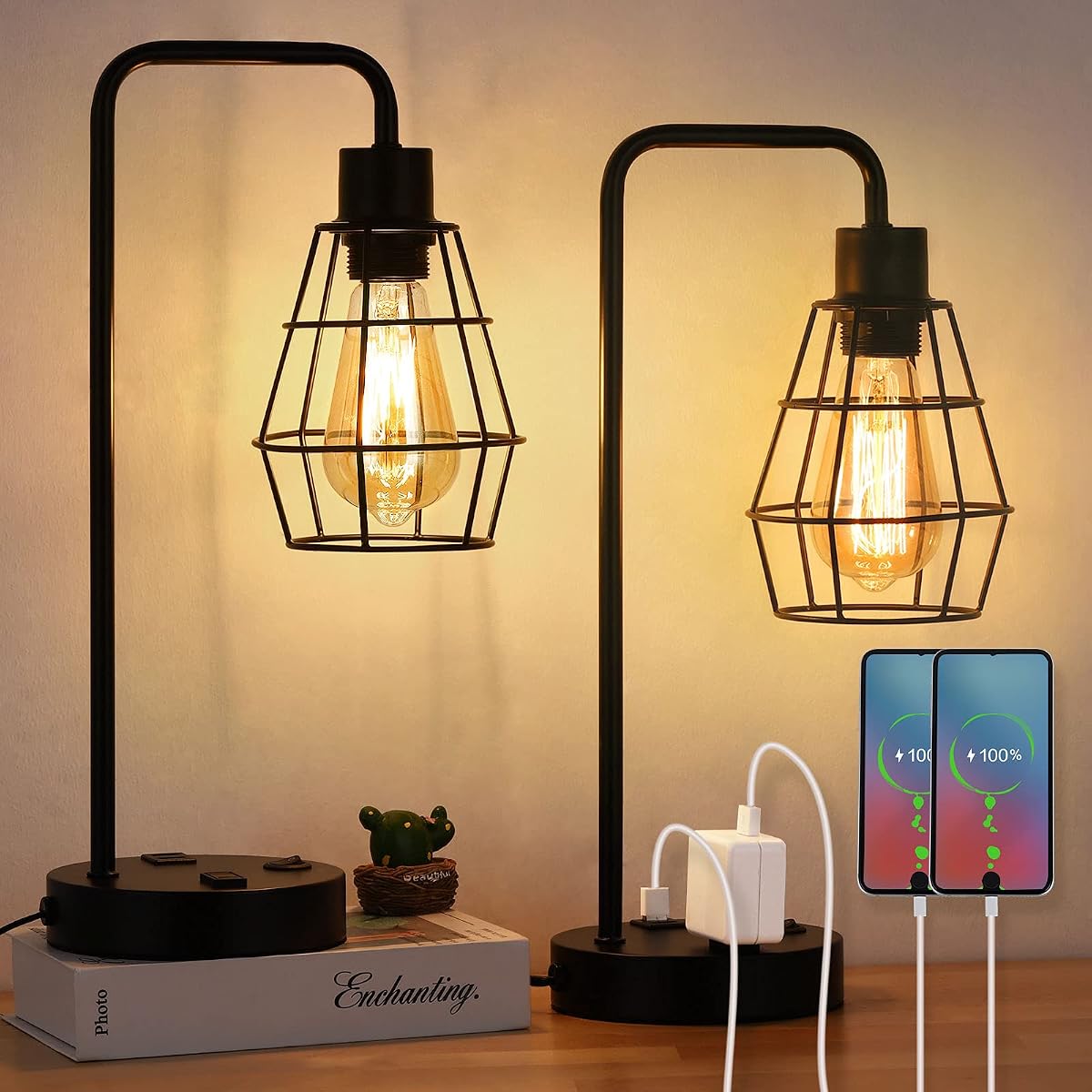 Lámpara de mesa USB Edison, juego de 2, mesita de noche, lámparas de escritorio con dos puertos de carga USB y salida de CA de 2 clavijas, jaula de alambre de metal, lámpara de mesa de lectura industrial para dormitorio, sala de estar, granja