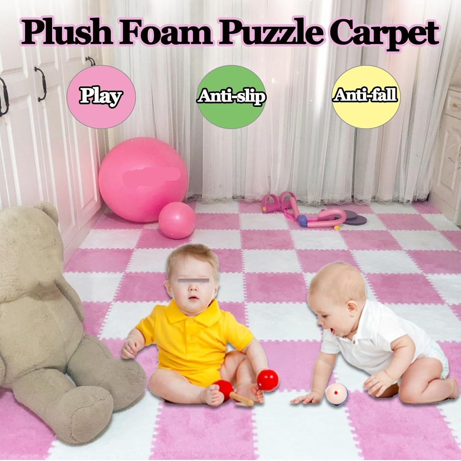30pcs Plush Non-Slip Bottom Floor Mat, Square Shaggy Interlocking Foam Carpet Tiles, Thick 0.4" Puzzle Mats for Floor, Home Decor(Light Brown+Pink)