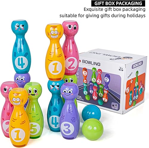 Miniatura 4 de Juego de bolos para niños de 2 a 5 años, incluye 10 pines de plástico y 2 bolas, juegos de actividades en interiores, regalos de cumpleaños para