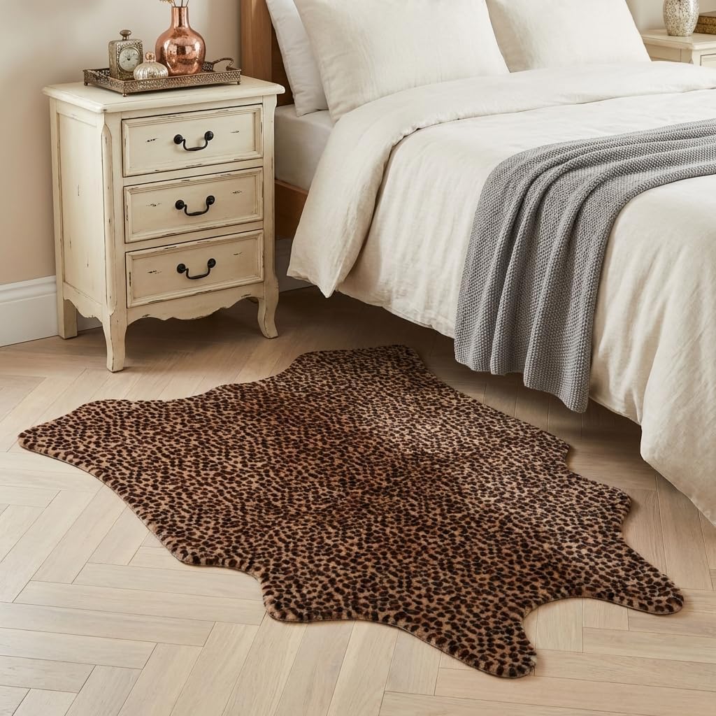 Leopard Print Area Rug Small, Classic Brown Faux Fur Rug Plush Soft, Neutral Animal Print Accent Rug for Living Room Bedroom Nursery, Non-Slip Cozy Bohemian Decor (2'7" x 3'11")