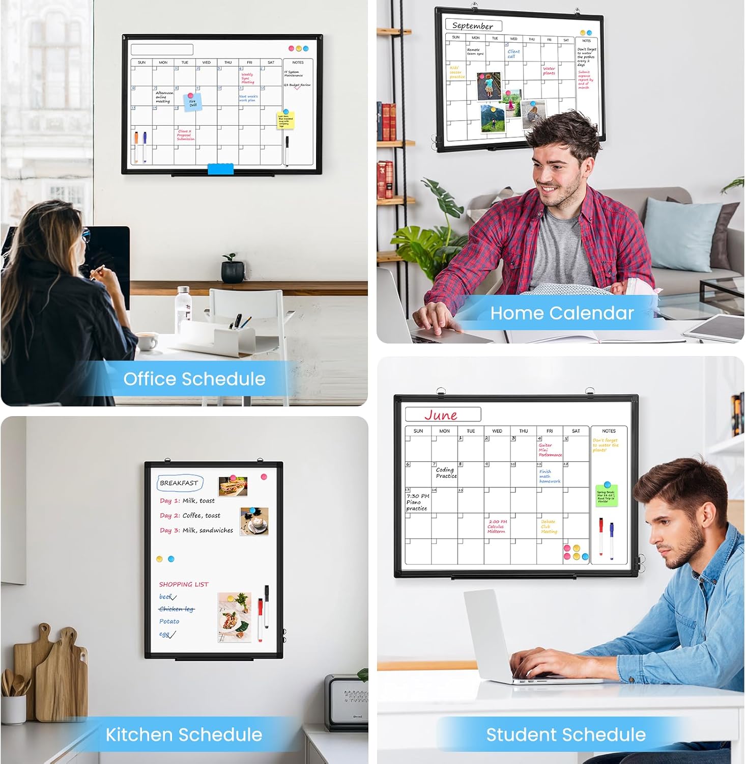 Monthly Calendar Dry Erase Whiteboard, 24" x 18" Magnetic Calendar White Board, Double-Sided Portable Board with Black Aluminium Frame for Office, Kitchen, School, Home