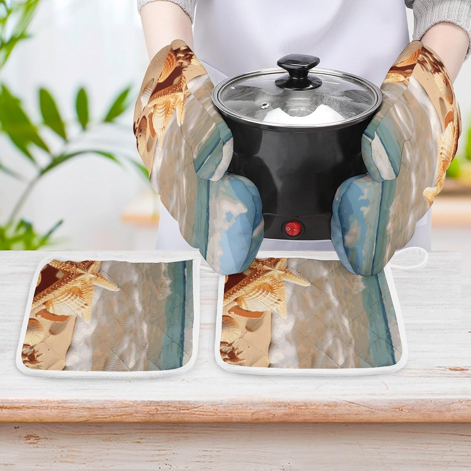 Oven Mitts Pot Holders Kitchen Seashells Starfish on Beach Heat Resistant Oven Glove for Baking and Cooking