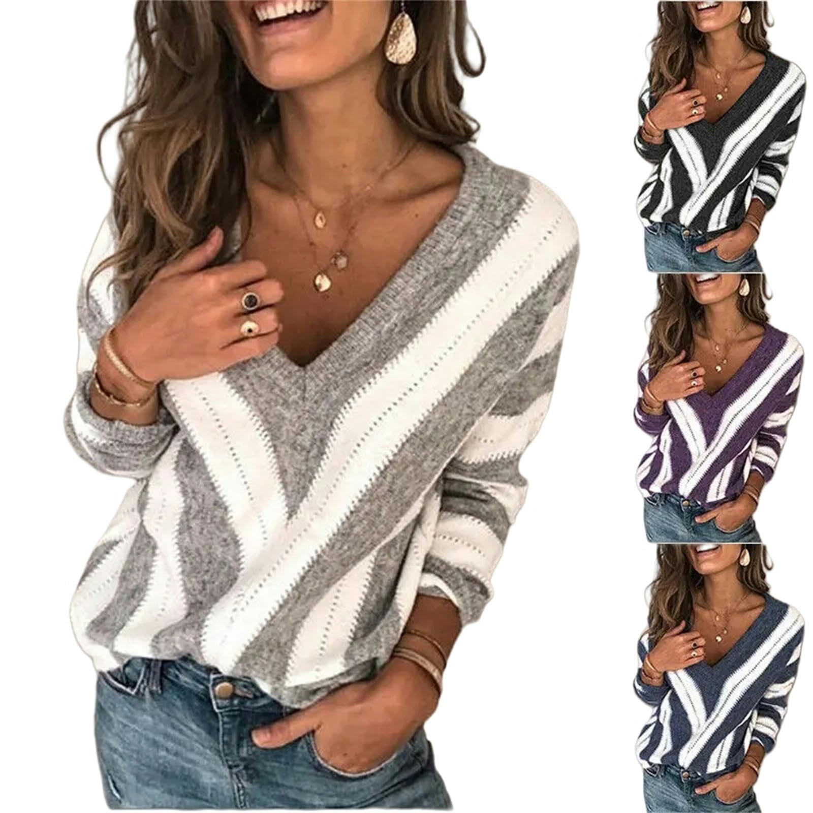 Sweter w paski patchworkowy sweter z dzianiny sweter z dekoltem w serek damski luźny codzienny ciepły sweter-szary-Xl