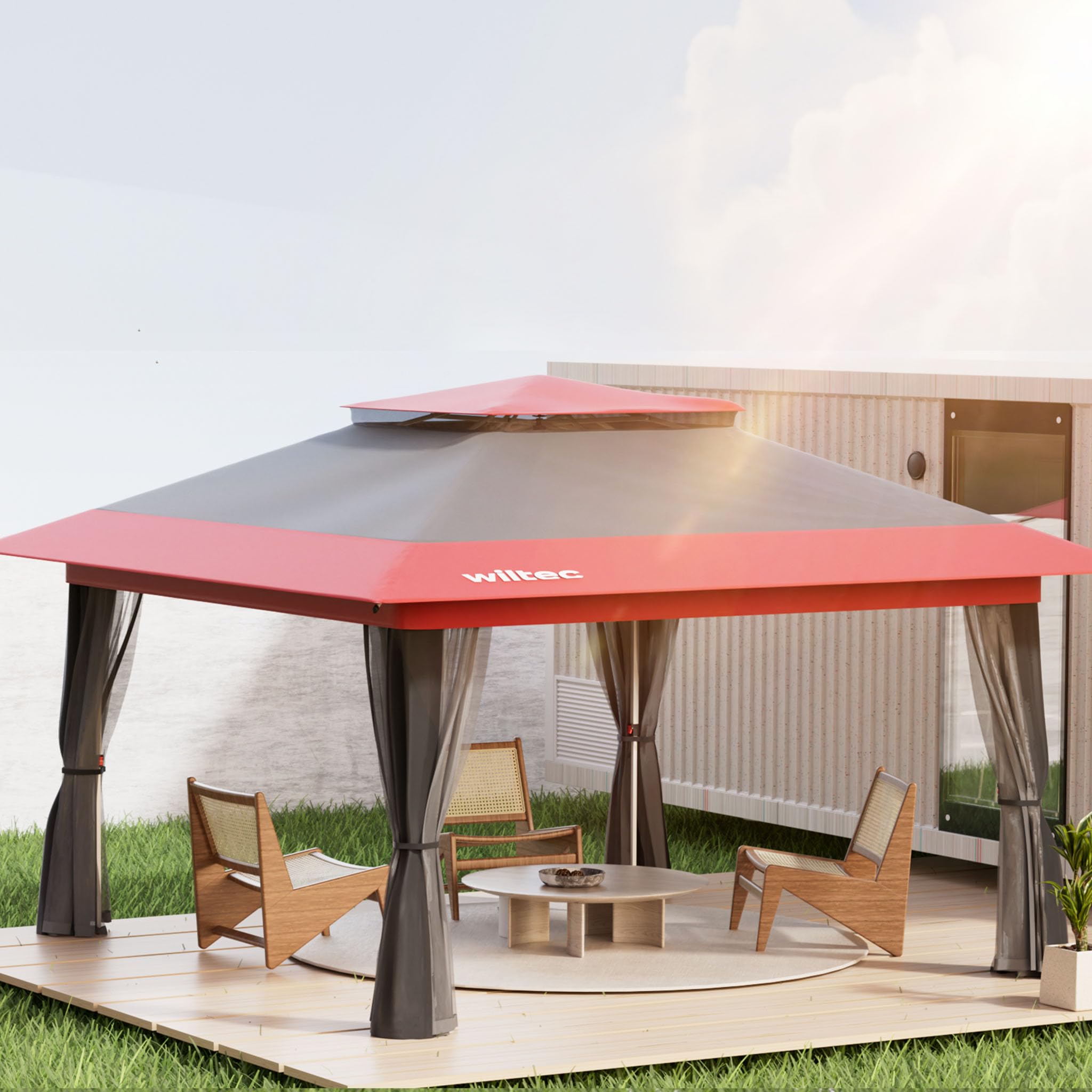 Wiltec Faltpavillon Moskitonetz 3,92 x 3,92 m grau rot, Gartenpavillon mit Rädern und Mückennetz, Partyzelt mit One Push-Technik und verstellbaren Beinen
