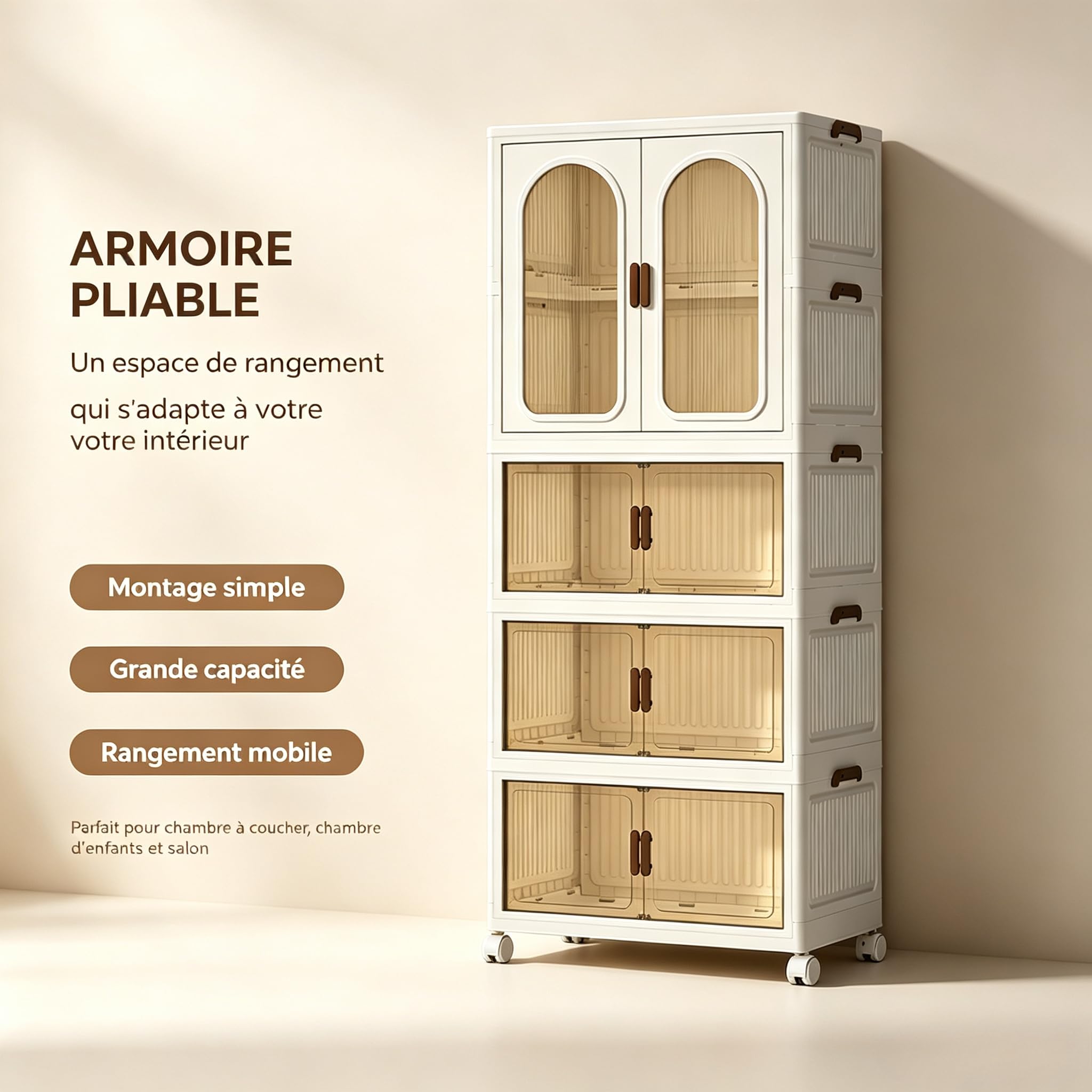 Armoire à vêtements pliable à roulettes, capacité 365L, 3 étagères en plastique, portes transparentes, anti-poussière et résistante à l'humidité