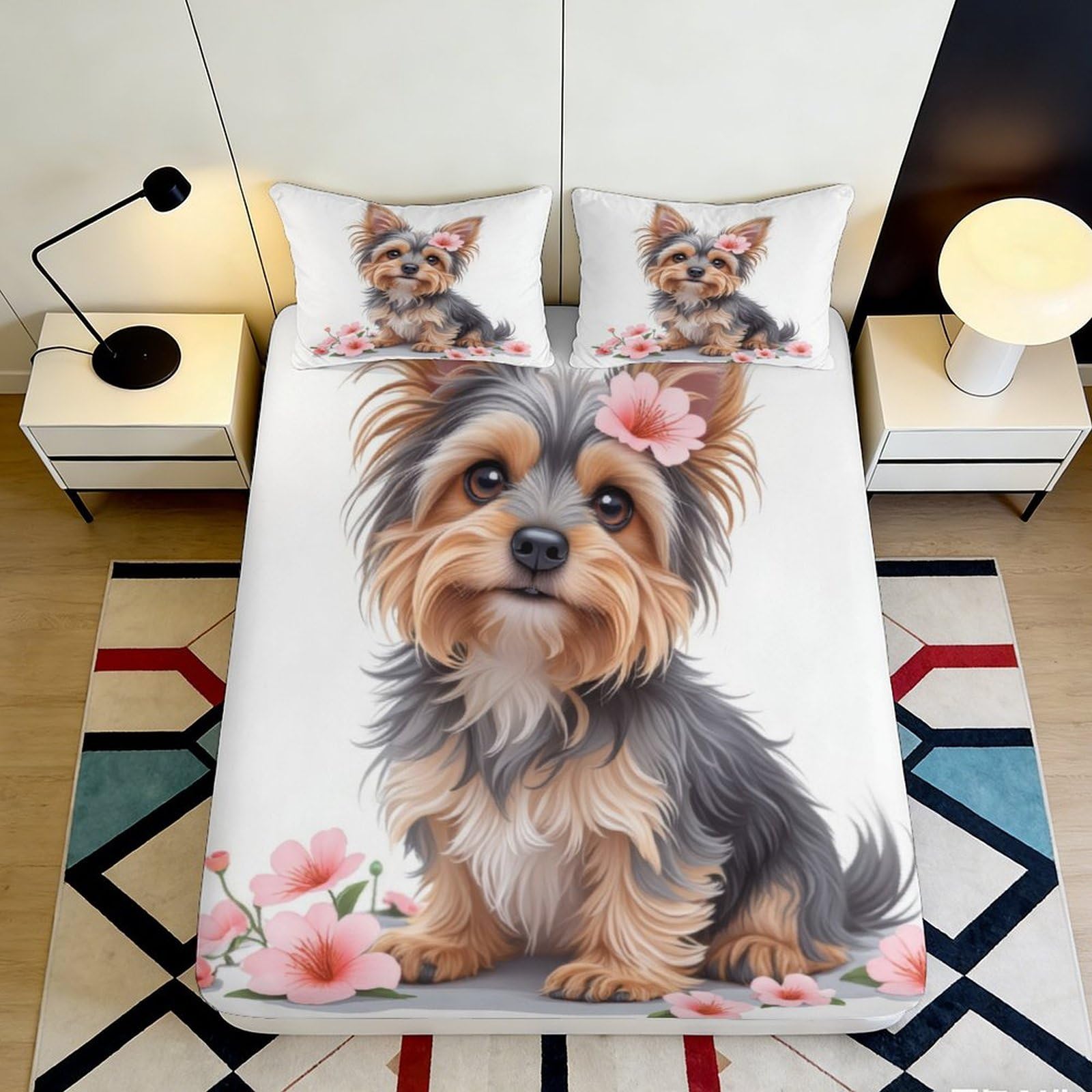Pnayamiorkfel Style-7 3D Printed Yorkshire Terrier Flower Fitted Sheet Microfiber Non-Slip Bed Cover For Bedroom Guest Room Decor 90X200x25cm