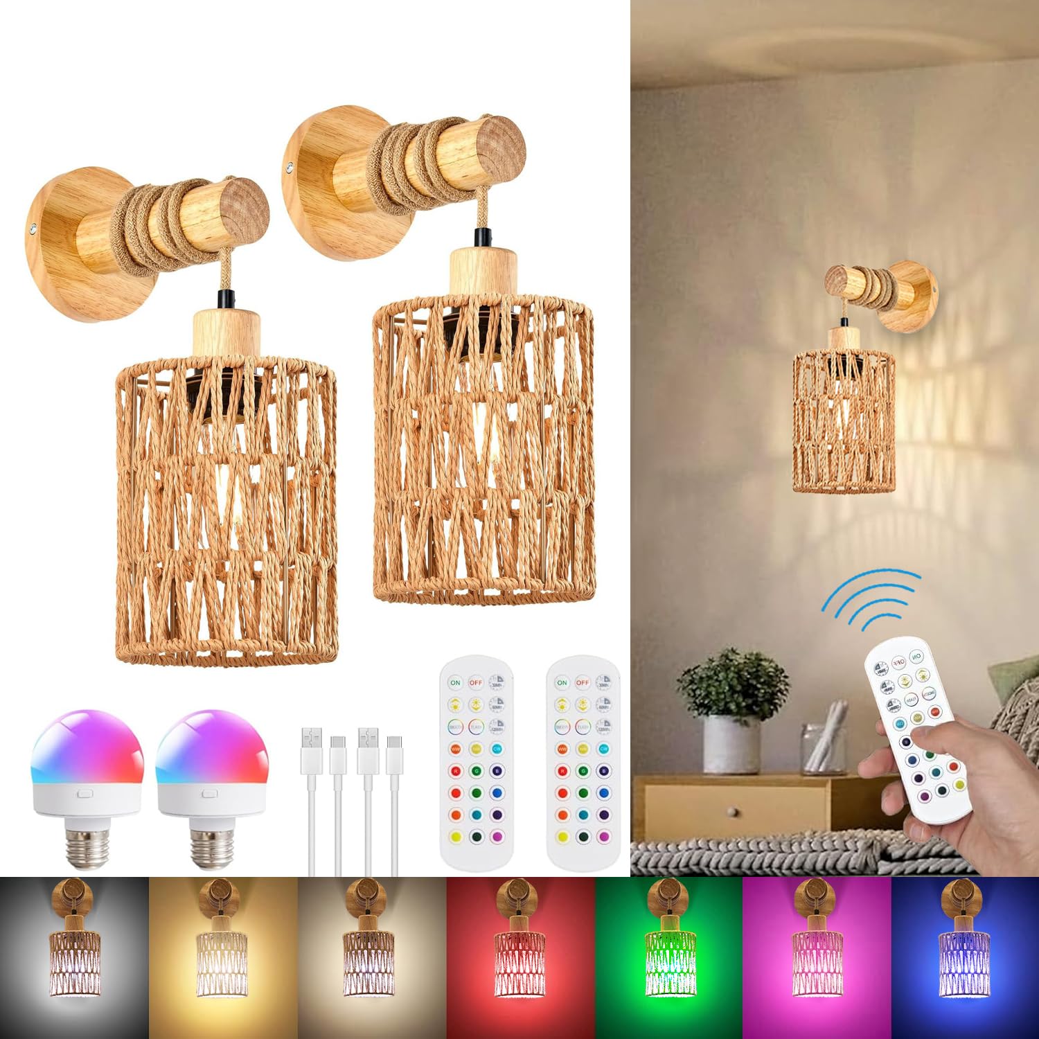 2 Lámpara de Pared LED con Batería E27 Lámparas de Ratán Bohemio Vintage RGB Apliques Pared Interior con Mando a Distancia Recargable USB Lampara Pared Sin Cables para Dormitorio Pasillo Escalera
