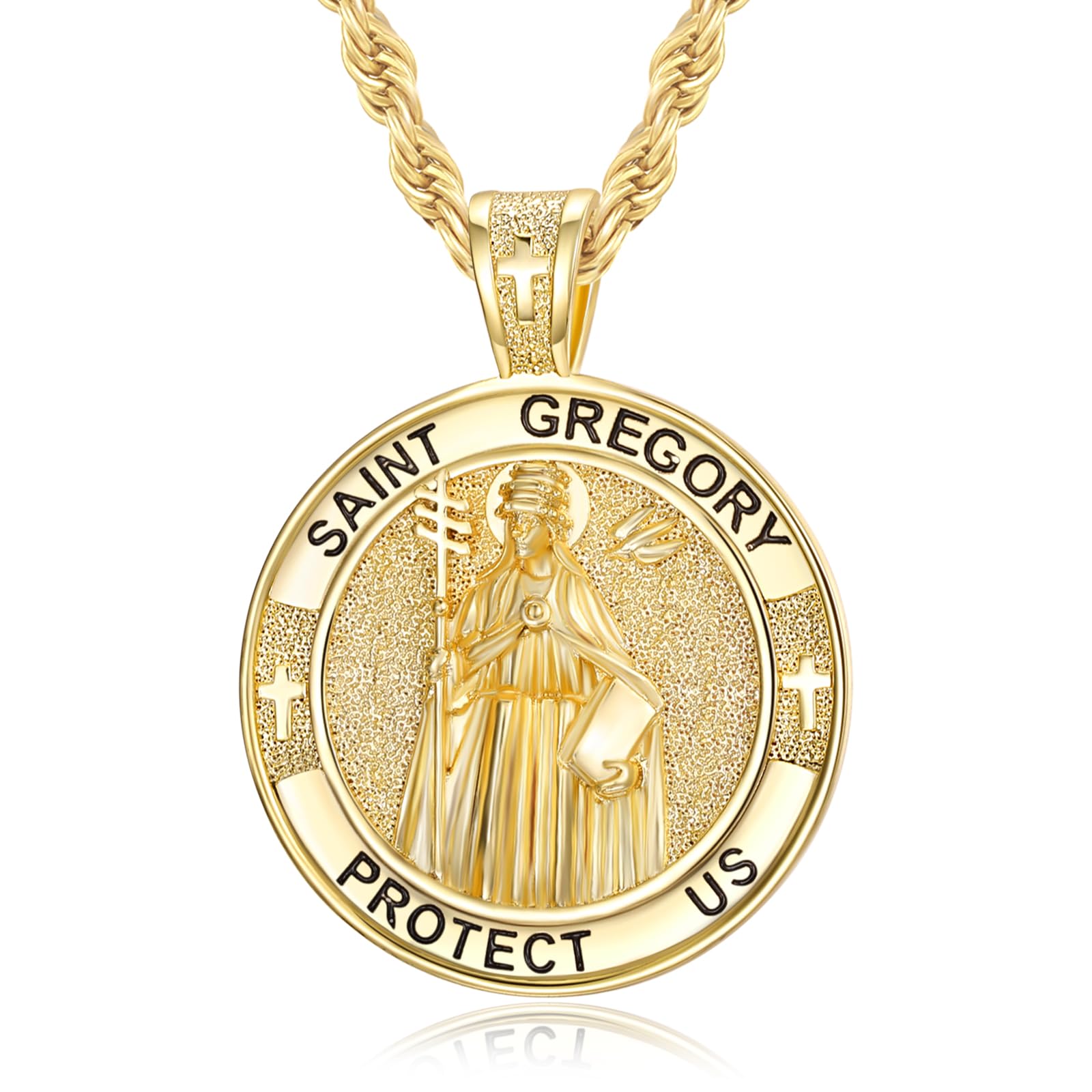 Patron Saint Medals, 14K Gold Protection Jewelry, Christmas Catholic Christian Religious Gifts for Men with 22"+2" Rope Chain