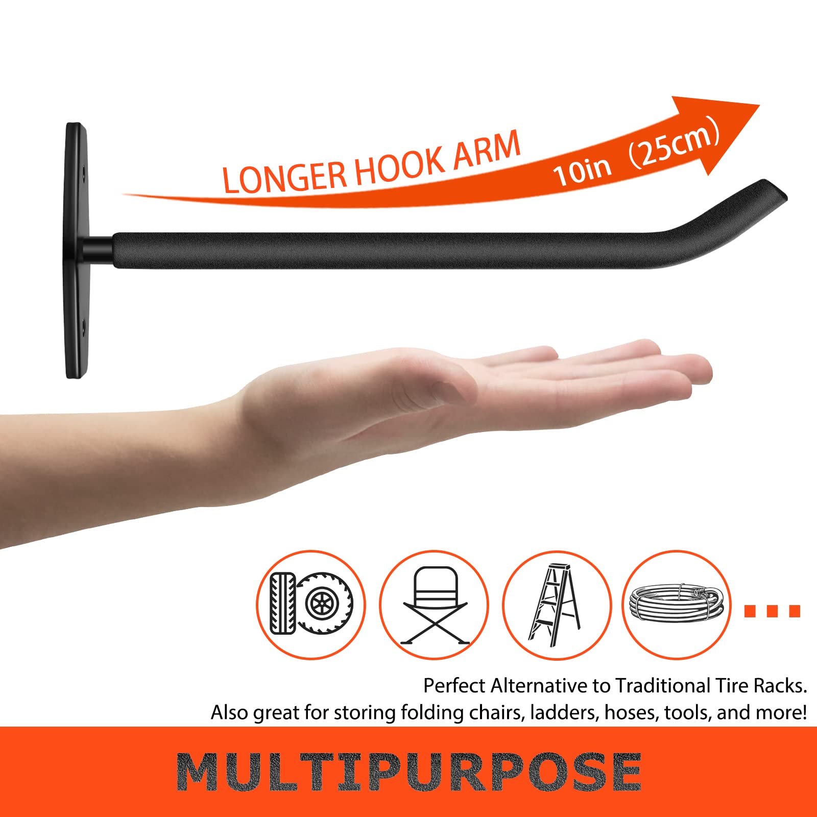 Reifenregal Wandhalterung, 25.4 cm große Garagenhaken, robuste Aufbewahrung, Leiterhaken zum Aufhängen, Garagen-Organizer für Gartenschlauchhalter, Klappstühle, Bulk-Artikel (40 kg, 4 Stück)